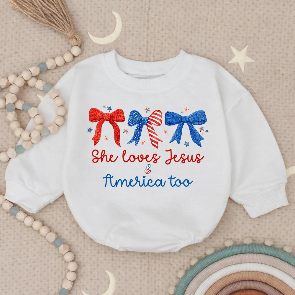 She Loves Jesus and America Too Baby Girl Romper with Patriotic Bows Fourth of July Outfit for Infant Holiday or Party Wear USA