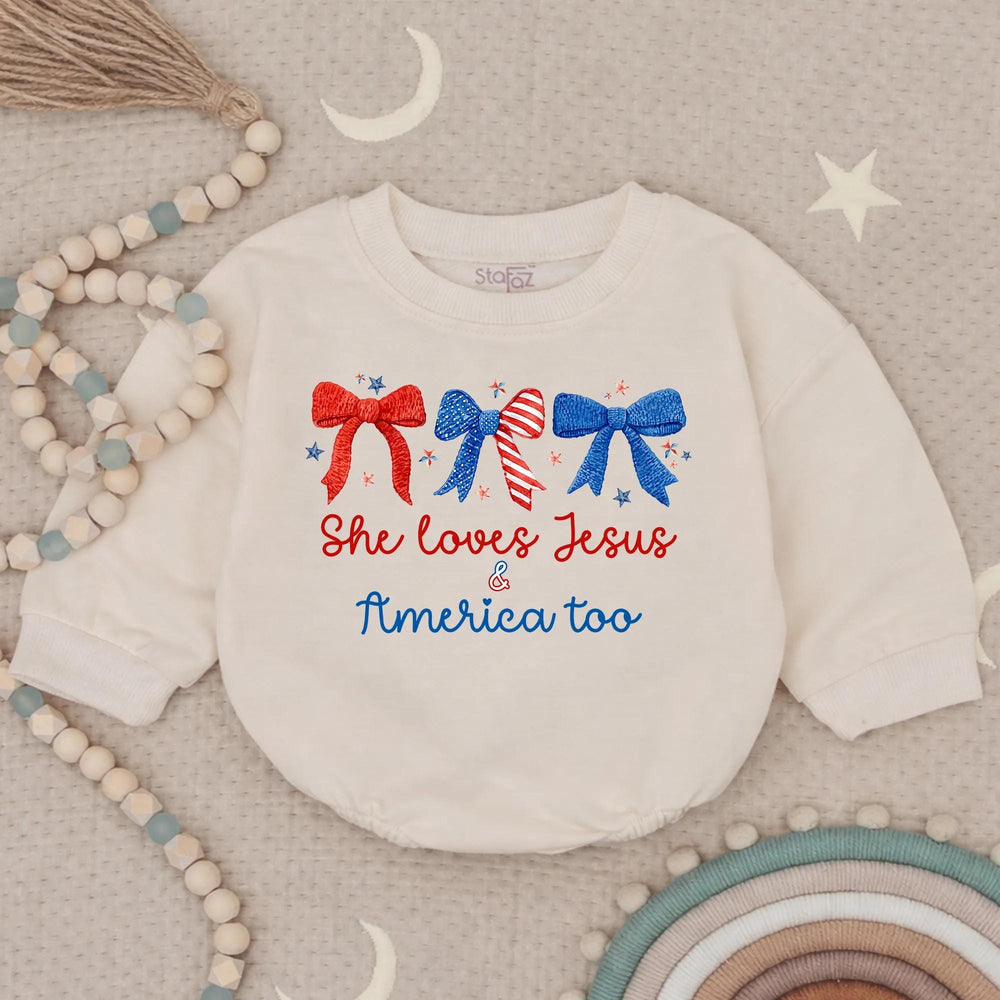 She Loves Jesus and America Too Baby Girl Romper with Patriotic Bows Fourth of July Outfit for Infant Holiday or Party Wear USA