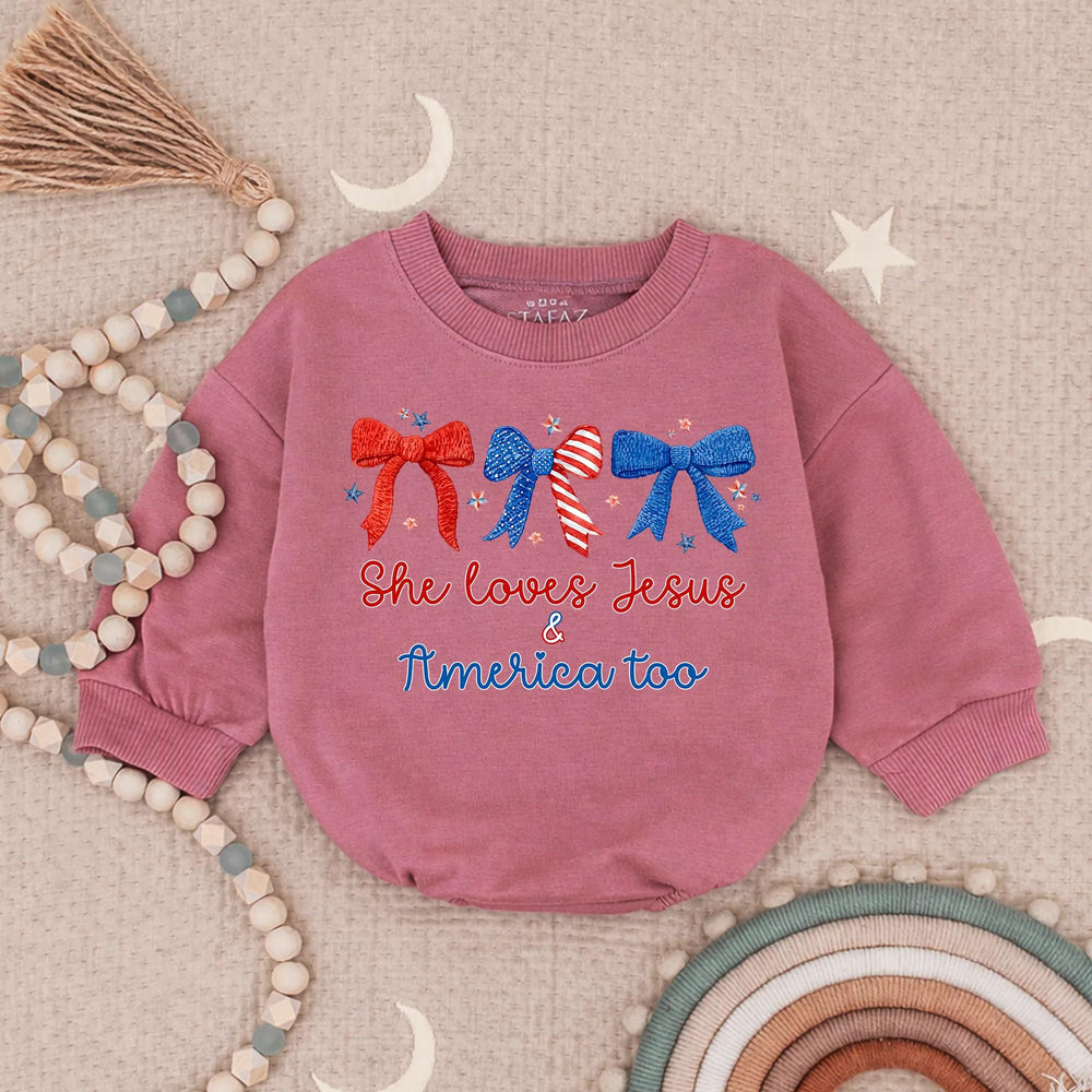 She Loves Jesus and America Too Baby Girl Romper with Patriotic Bows Fourth of July Outfit for Infant Holiday or Party Wear USA