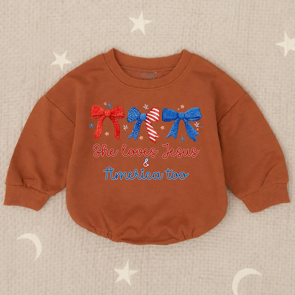 She Loves Jesus and America Too Baby Girl Romper with Patriotic Bows Fourth of July Outfit for Infant Holiday or Party Wear USA