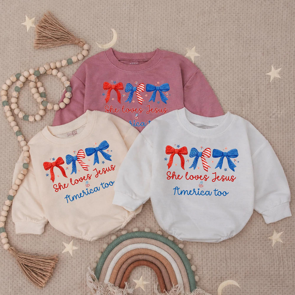 She Loves Jesus and America Too Baby Girl Romper with Patriotic Bows Fourth of July Outfit for Infant Holiday or Party Wear USA