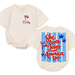 She Loves Jesus and America Too Baby Romper with Custom Name, Patriotic 4th of July Outfit, Faith-Based Christian Baby Clothes