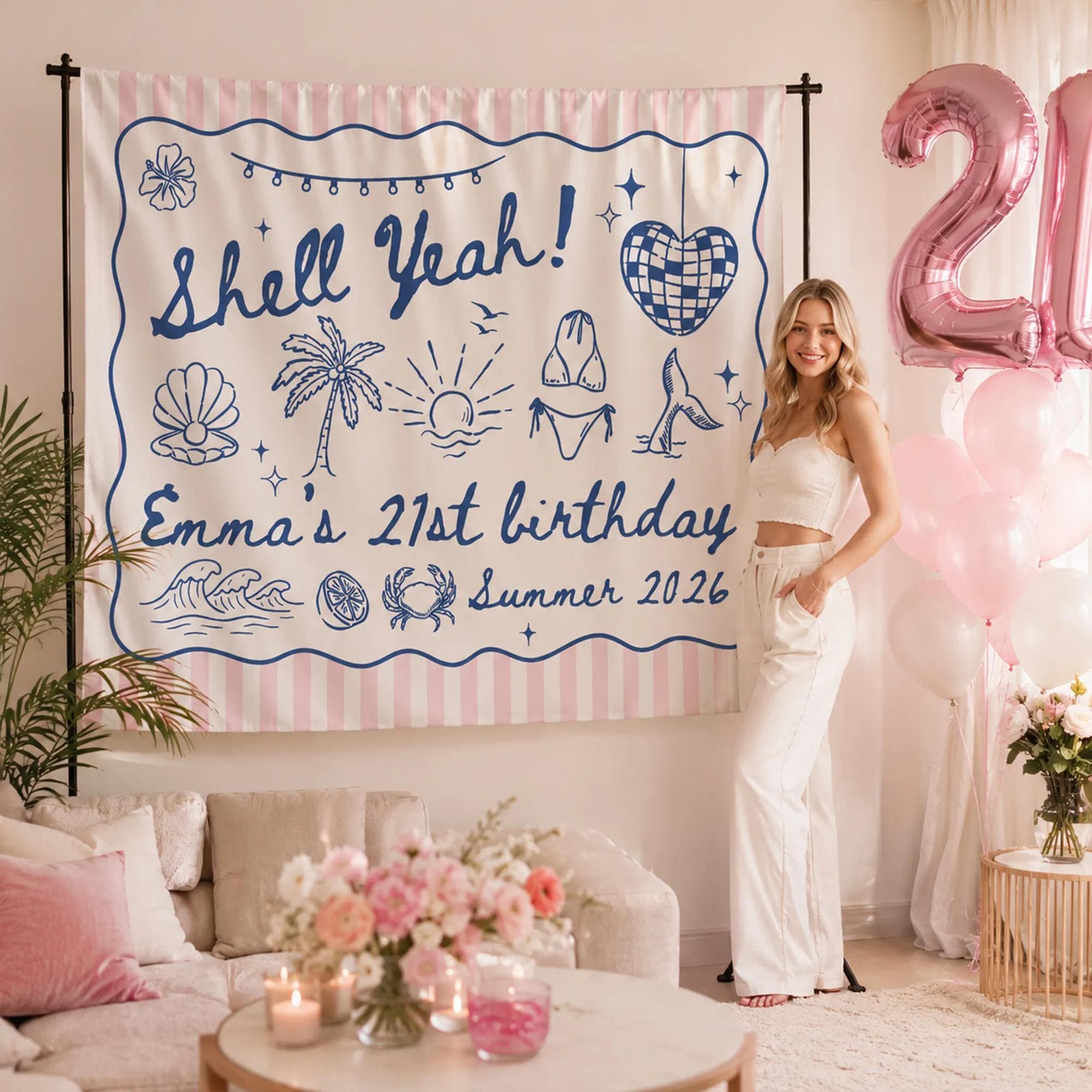 Shell Yeah 21st Birthday Banner Custom Coastal Decor with Beach Party Icons Summer Celebration Personalized Name and Date Pink Stripes