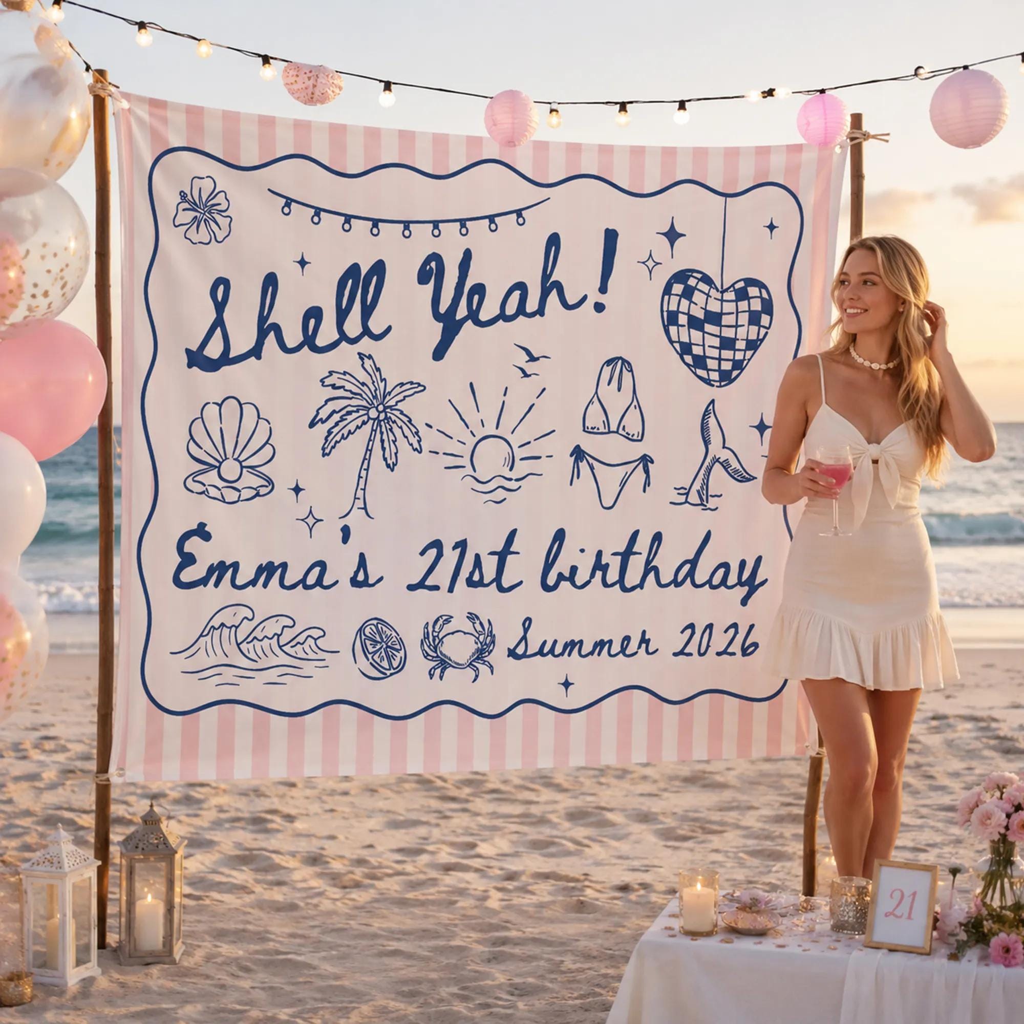 Shell Yeah 21st Birthday Banner Custom Coastal Decor with Beach Party Icons Summer Celebration Personalized Name and Date Pink Stripes