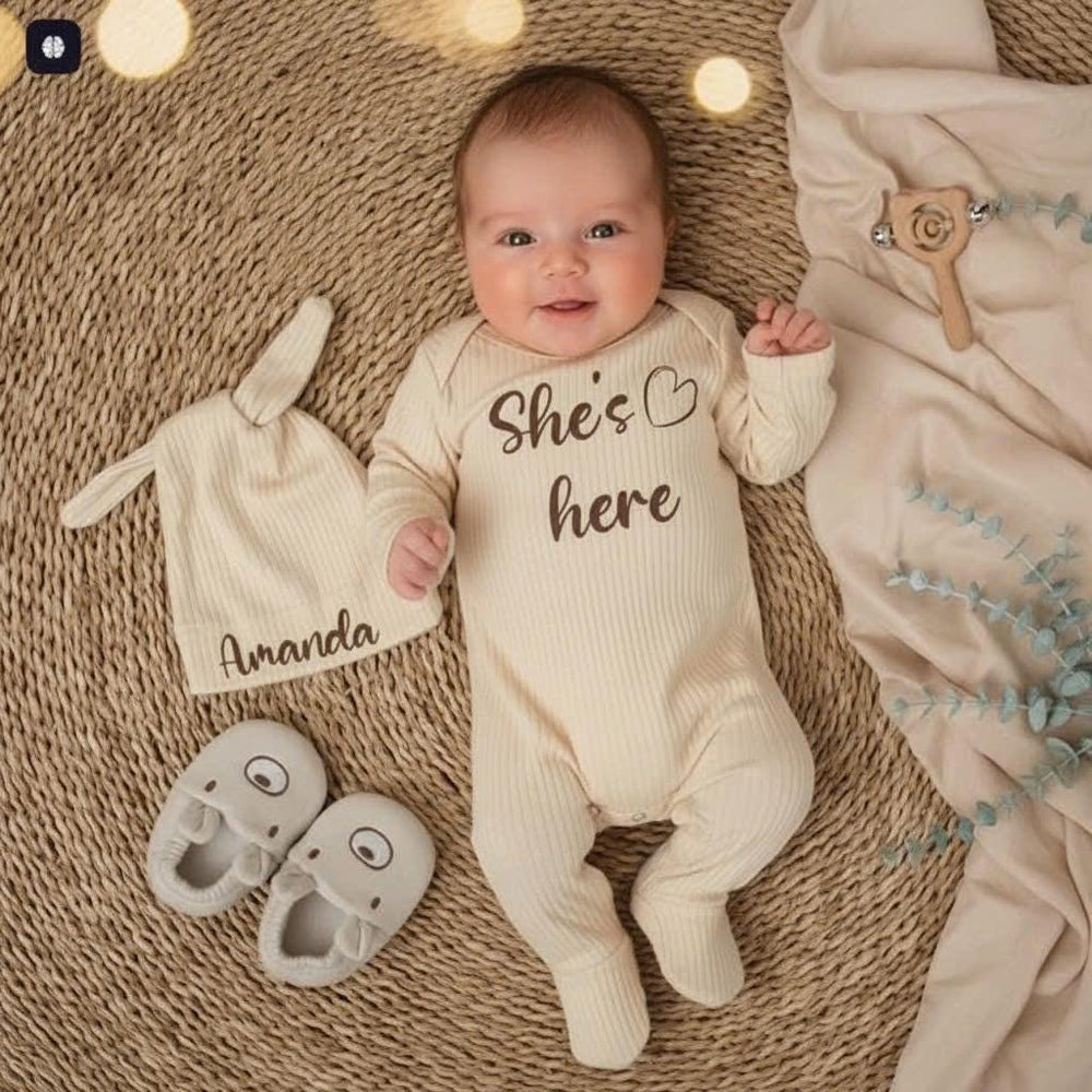 She's Here Baby Girl Bodysuit and Hat Set with Custom Name Soft Neutral Outfit Newborn Going Home Gift Minimalist Design Cotton Clothing