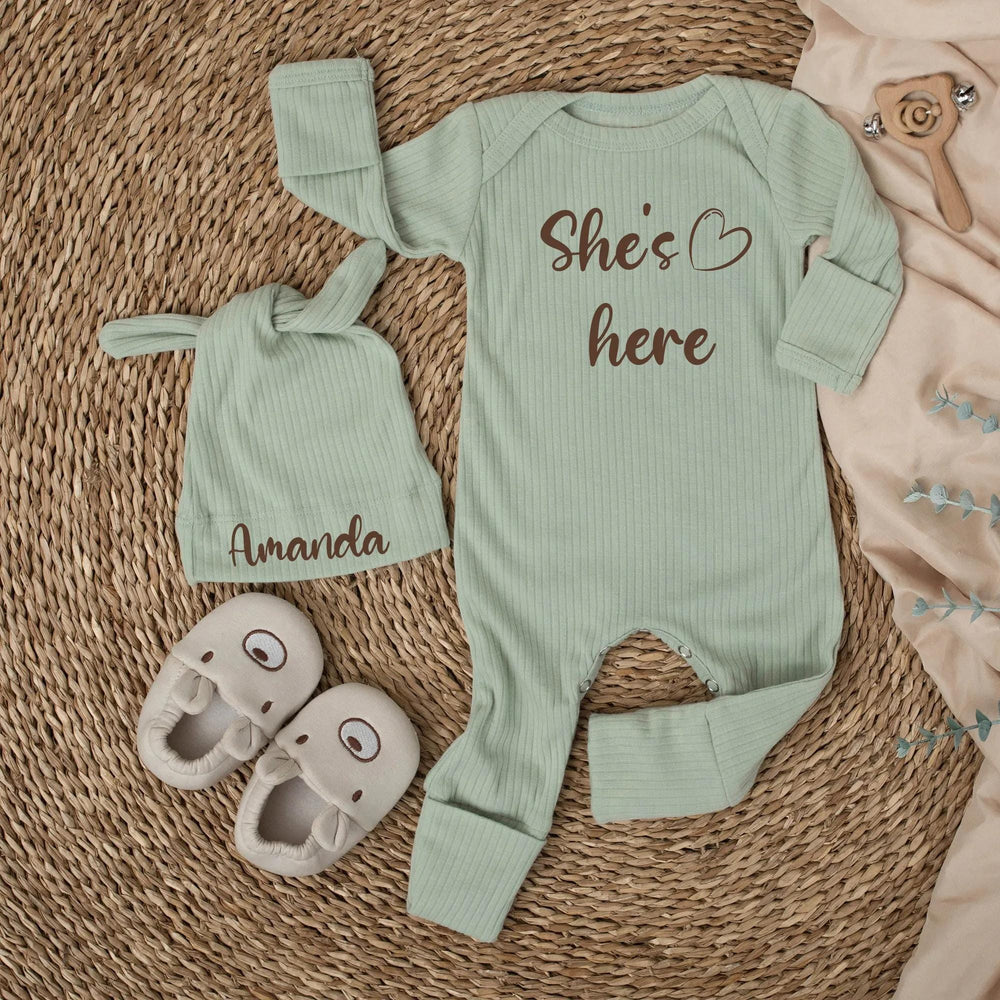 She's Here Baby Girl Bodysuit and Hat Set with Custom Name Soft Neutral Outfit Newborn Going Home Gift Minimalist Design Cotton Clothing