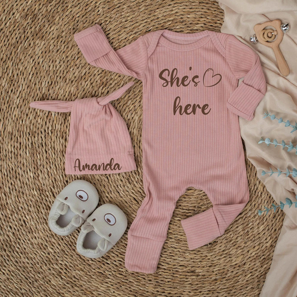 She's Here Baby Girl Bodysuit and Hat Set with Custom Name Soft Neutral Outfit Newborn Going Home Gift Minimalist Design Cotton Clothing