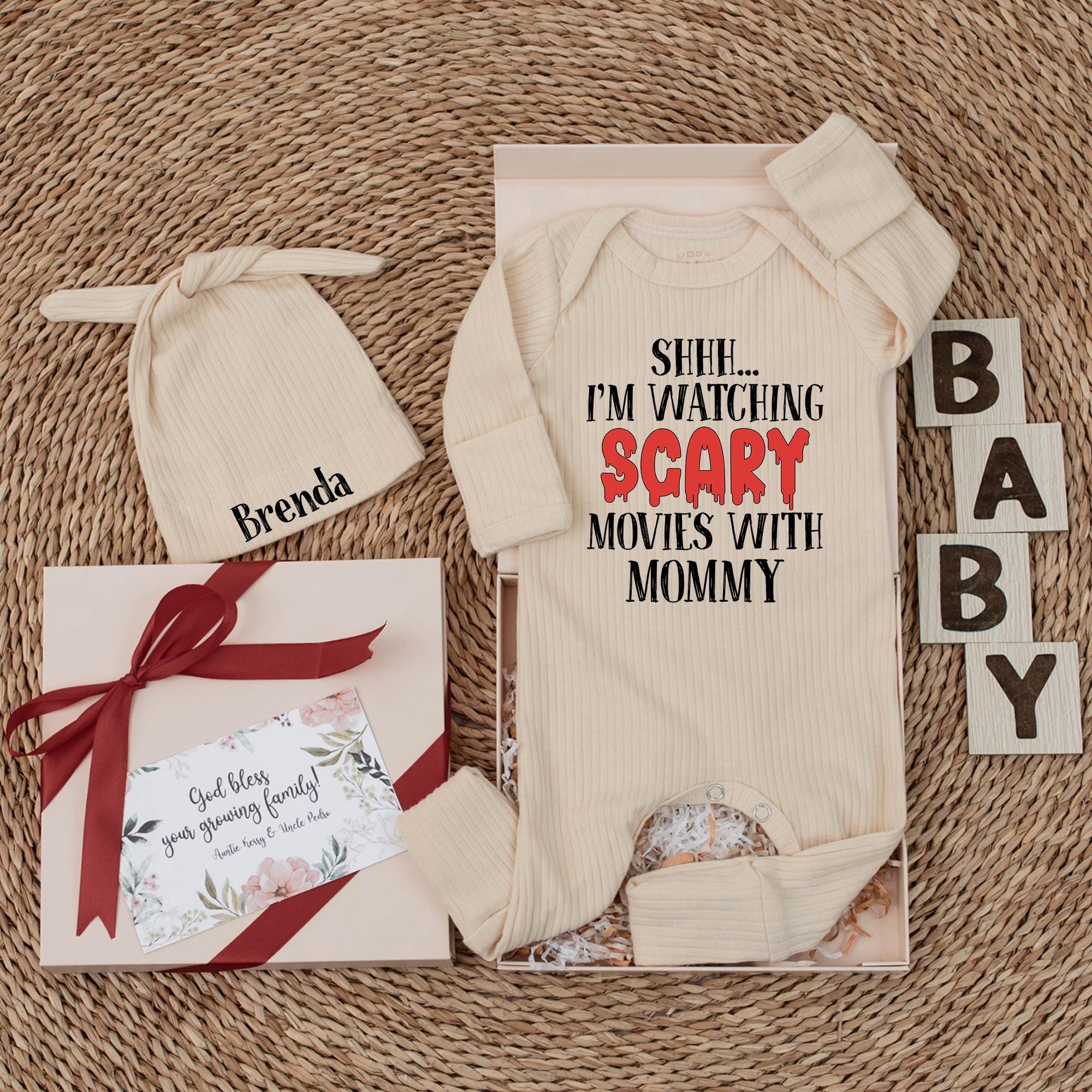 Shhh I'm Watching Scary Movies With Mommy Baby Bodysuit Funny Halloween Outfit Newborn Gift Cute Cotton Infant Clothes Party Attire