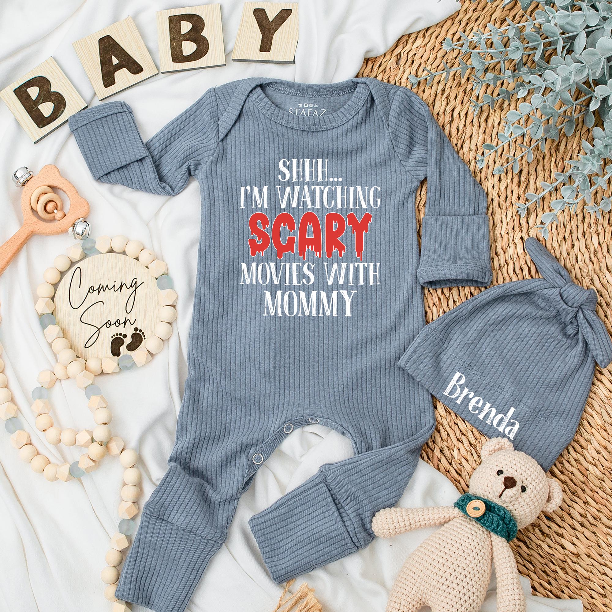 Shhh I'm Watching Scary Movies With Mommy Baby Bodysuit Funny Halloween Outfit Newborn Gift Cute Cotton Infant Clothes Party Attire