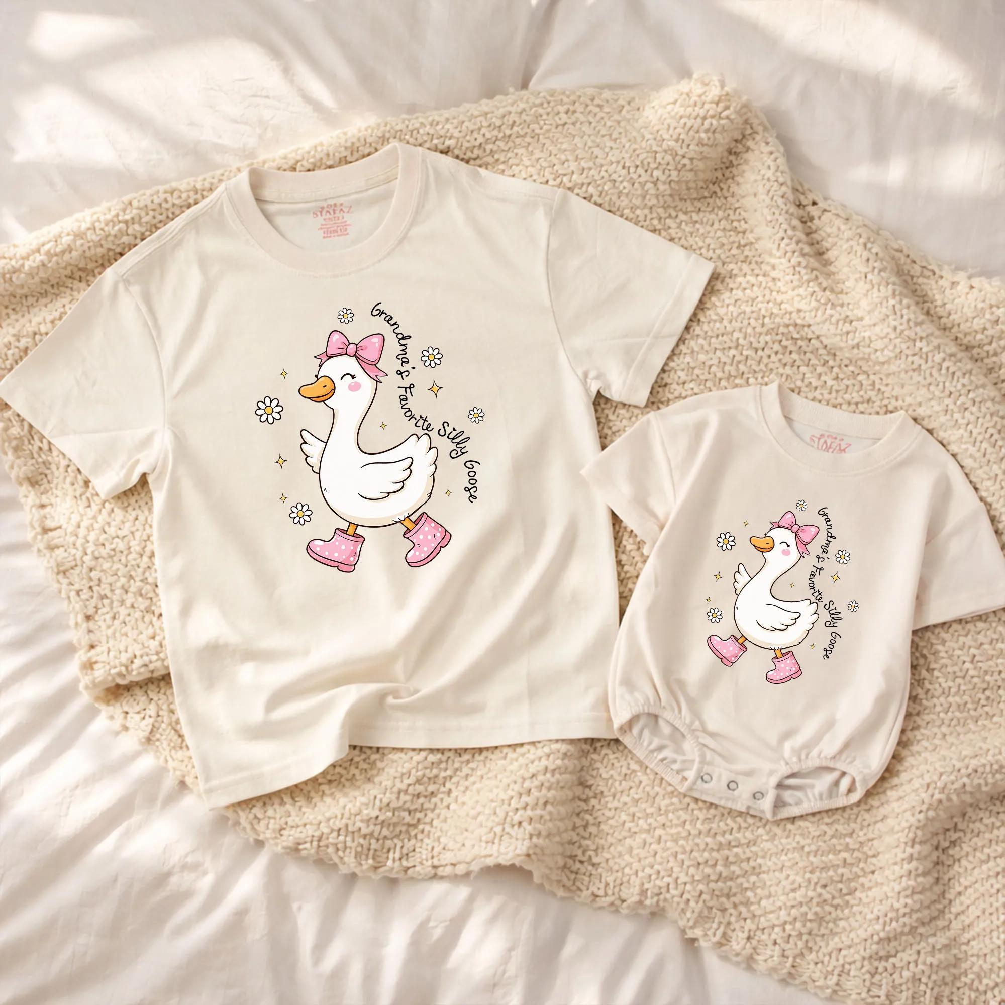 Silly Goose Baby Romper with Pink Bow and Boots, Grandma's Favorite Artwork, Long Sleeve Soft Cotton, Perfect Grandparents Day Gift