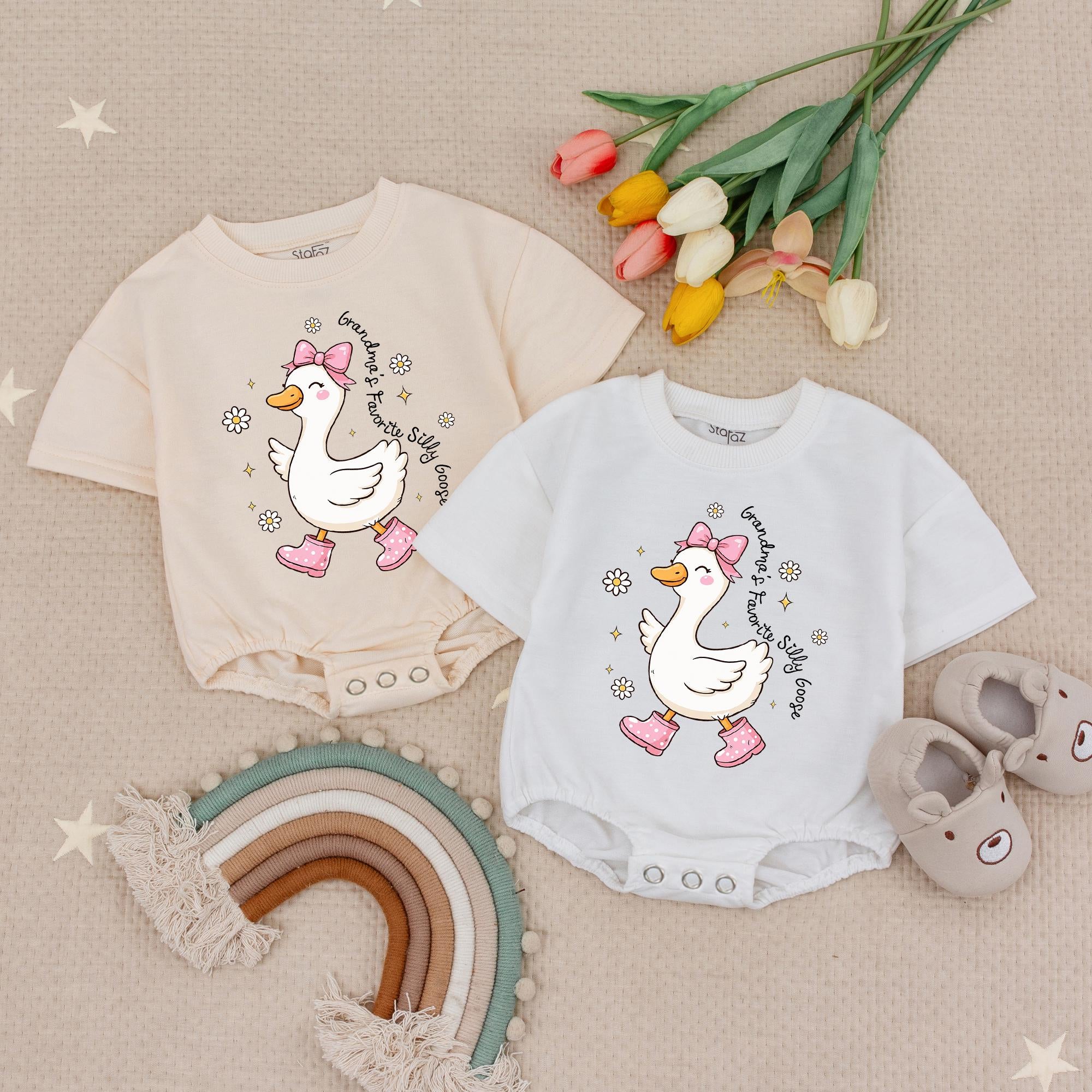Silly Goose Baby Romper with Pink Bow and Boots, Grandma's Favorite Artwork, Long Sleeve Soft Cotton, Perfect Grandparents Day Gift