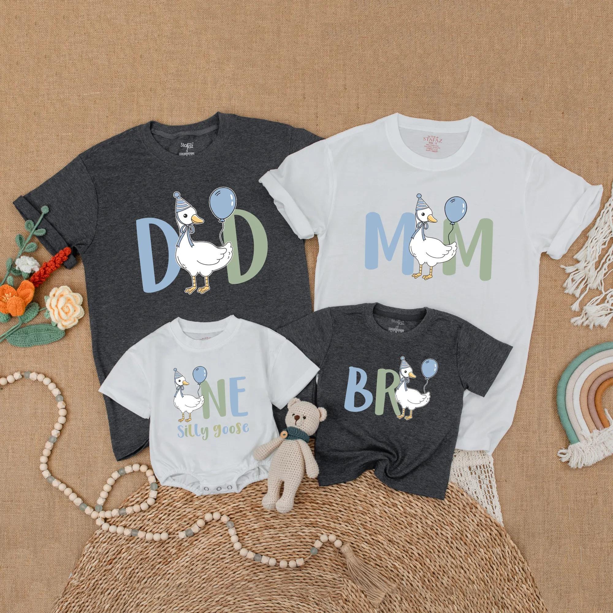 Silly Goose Family Matching Shirts First Birthday Outfit Soft Pastel Balloon Design Mom Dad Bro Party Hat Customizable Gift