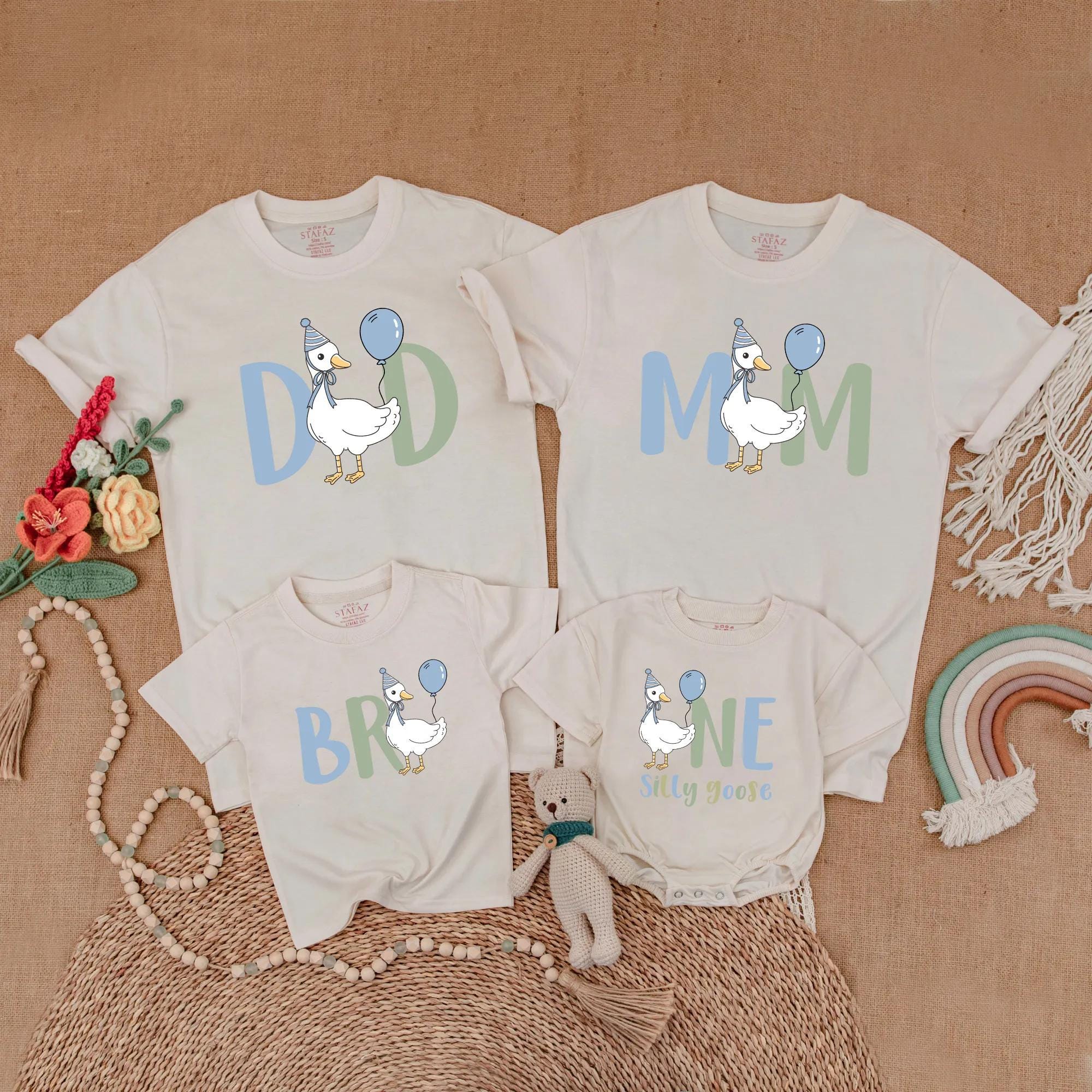 Silly Goose Family Matching Shirts First Birthday Outfit Soft Pastel Balloon Design Mom Dad Bro Party Hat Customizable Gift