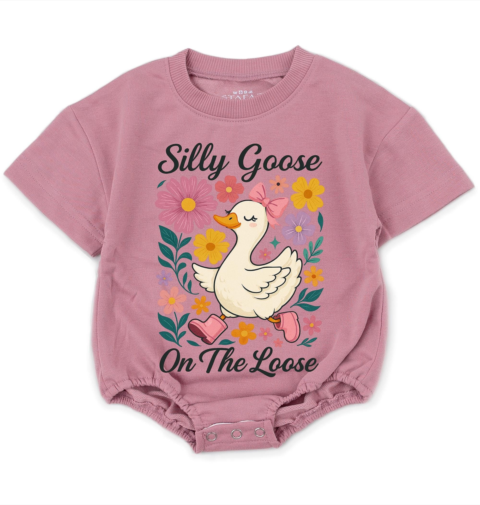 Silly Goose On The Loose Baby Romper Cute Floral Duck Bodysuit with Pink Bow, Soft Cotton Short Sleeves Baby Outfit Toddler Girl Gift