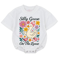 Silly Goose On The Loose Baby Romper Cute Floral Duck Bodysuit with Pink Bow, Soft Cotton Short Sleeves Baby Outfit Toddler Girl Gift