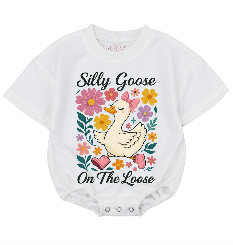 Silly Goose On The Loose Baby Romper Cute Floral Duck Bodysuit with Pink Bow, Soft Cotton Short Sleeves Baby Outfit Toddler Girl Gift