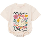 Silly Goose On The Loose Baby Romper Cute Floral Duck Bodysuit with Pink Bow, Soft Cotton Short Sleeves Baby Outfit Toddler Girl Gift