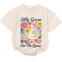 Silly Goose On The Loose Baby Romper Cute Floral Duck Bodysuit with Pink Bow, Soft Cotton Short Sleeves Baby Outfit Toddler Girl Gift