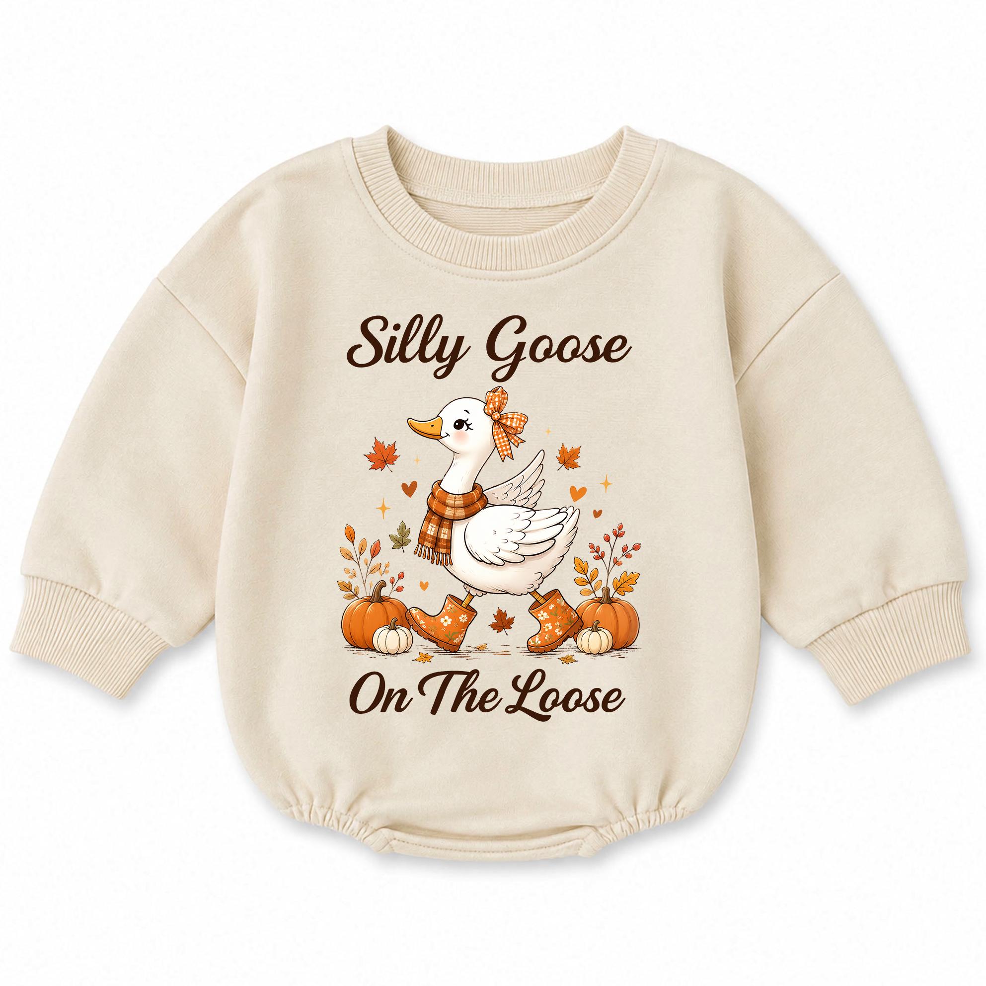 Silly Goose On The Loose Baby Romper with Fall Pumpkin Artwork, Cute Autumn Outfit for Infants, Thanksgiving or Pumpkin Patch Wear