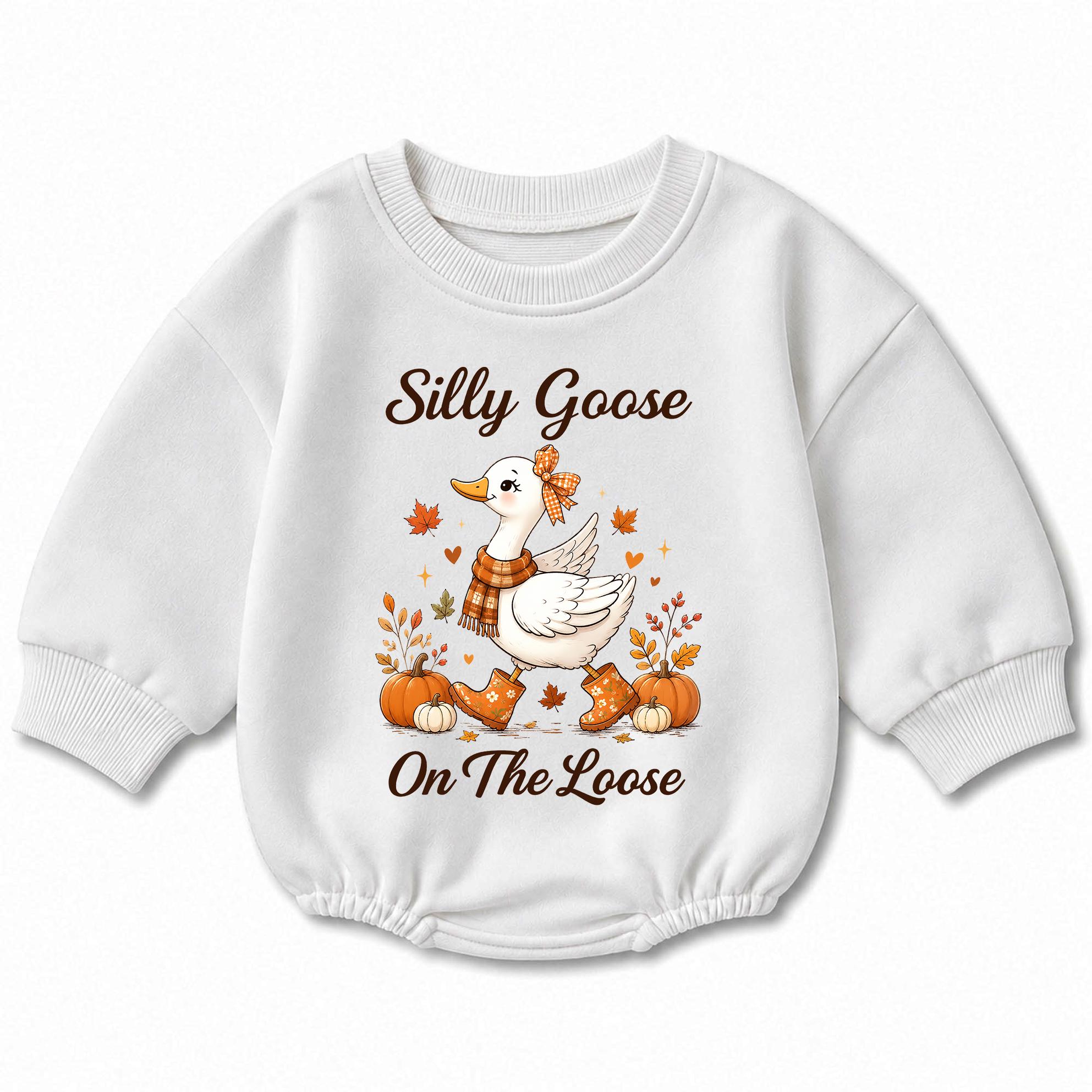 Silly Goose On The Loose Baby Romper with Fall Pumpkin Artwork, Cute Autumn Outfit for Infants, Thanksgiving or Pumpkin Patch Wear