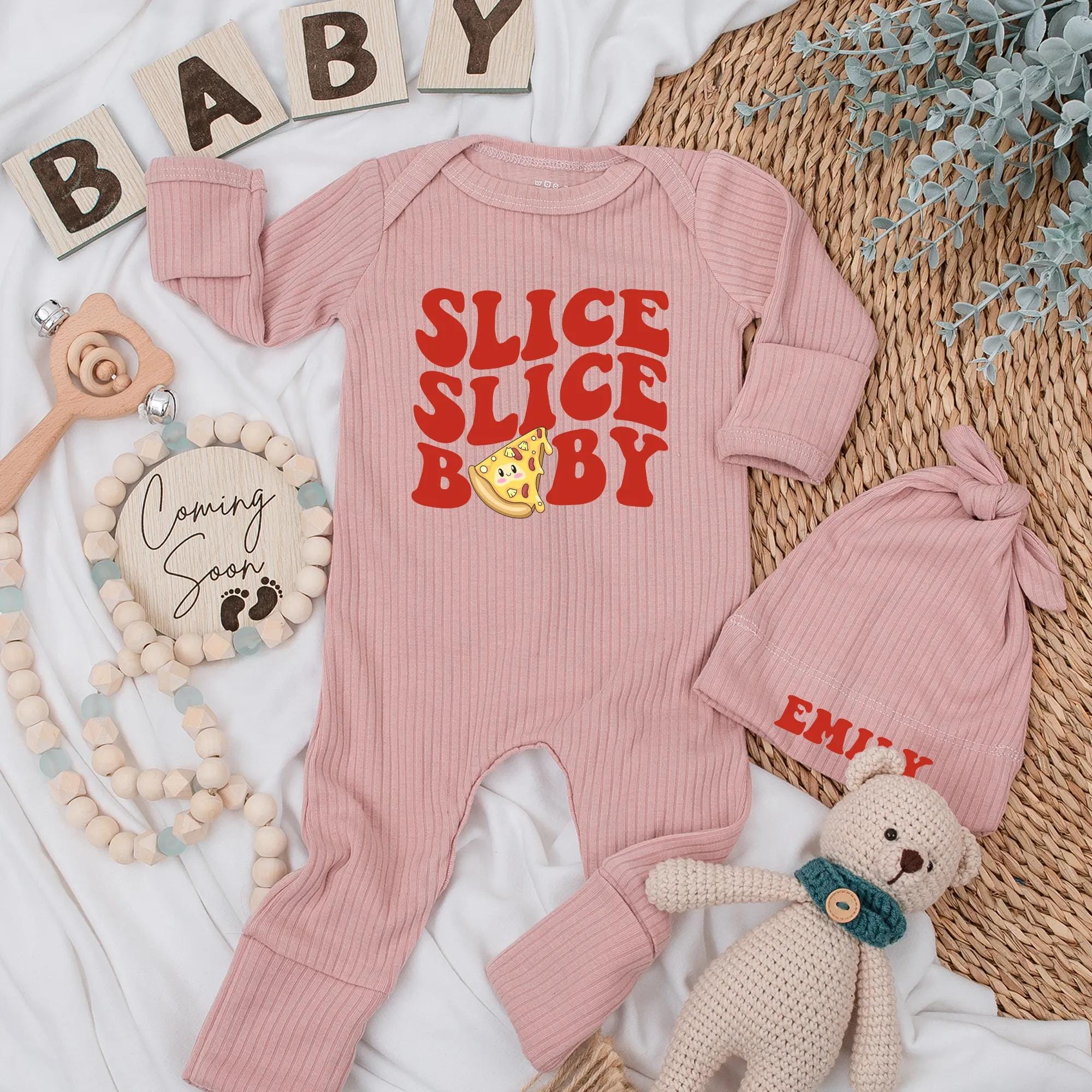Slice Slice Baby Personalized Pizza Bodysuit Newborn Outfit Retro Style Cute Gift for Baby Shower Soft Cotton Comfortable Clothes