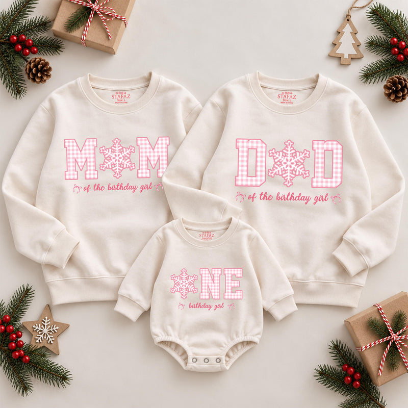 Snowflake Birthday Family Matching Sweatshirts and Bodysuit, Pink Winter Onederland Outfit with Custom Name for 1st Birthday