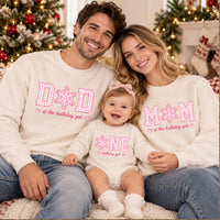 Snowflake Birthday Family Matching Sweatshirts and Bodysuit, Pink Winter Onederland Outfit with Custom Name for 1st Birthday
