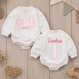 Snowflake Birthday Family Matching Sweatshirts and Bodysuit, Pink Winter Onederland Outfit with Custom Name for 1st Birthday