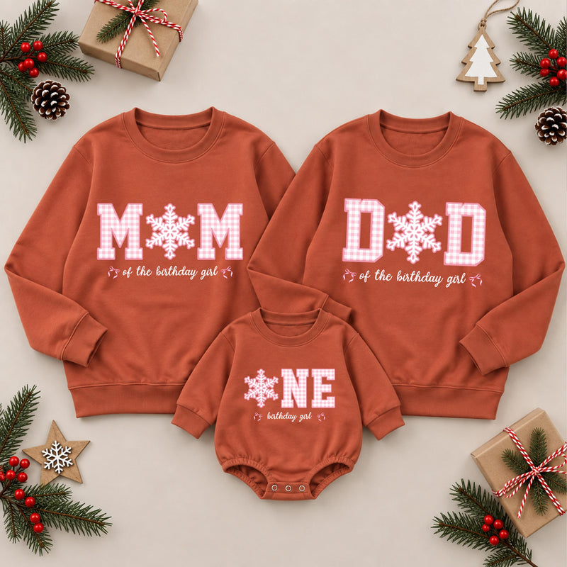 Snowflake Birthday Family Matching Sweatshirts and Bodysuit, Pink Winter Onederland Outfit with Custom Name for 1st Birthday