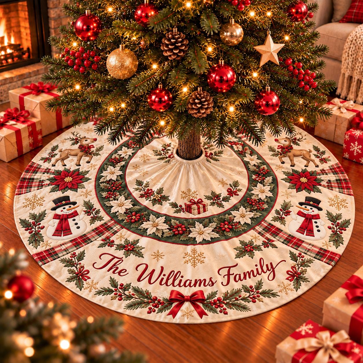 Snowman Christmas Tree Skirt with Custom Name, Vintage Holiday Decor and Plaid Border, Festive Personalized Santa Gift for Families