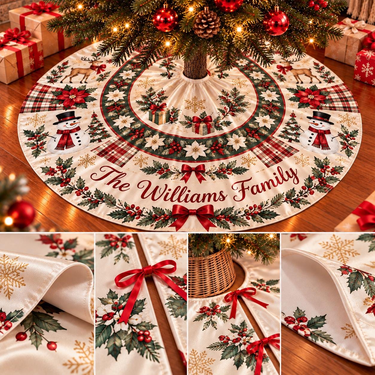 Snowman Christmas Tree Skirt with Custom Name, Vintage Holiday Decor and Plaid Border, Festive Personalized Santa Gift for Families