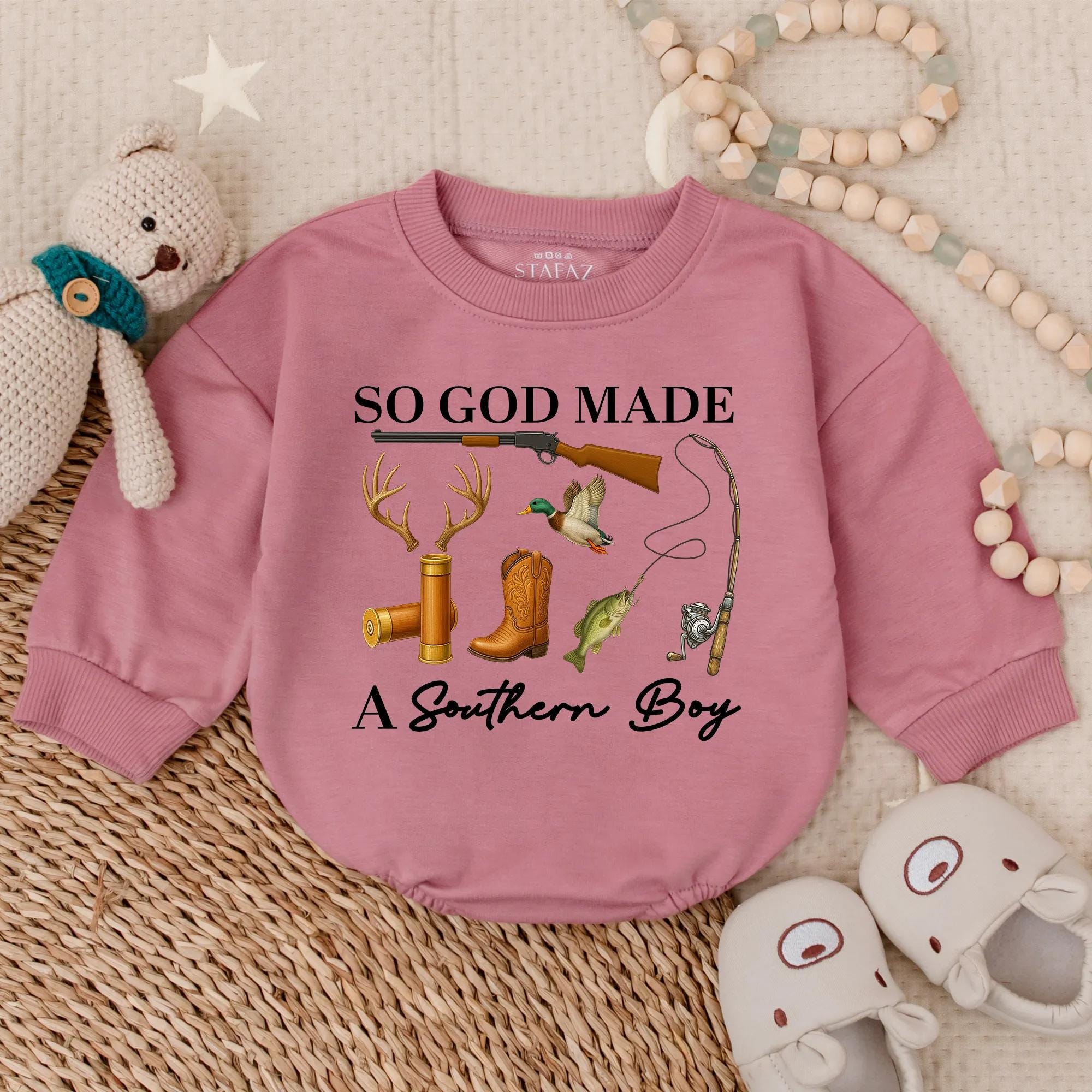 So God Made A Southern Boy Baby Romper Rustic Hunting Theme Bodysuit Gift for Baby Boy with Antlers Rifle Cowboy Boot Design 140 Char