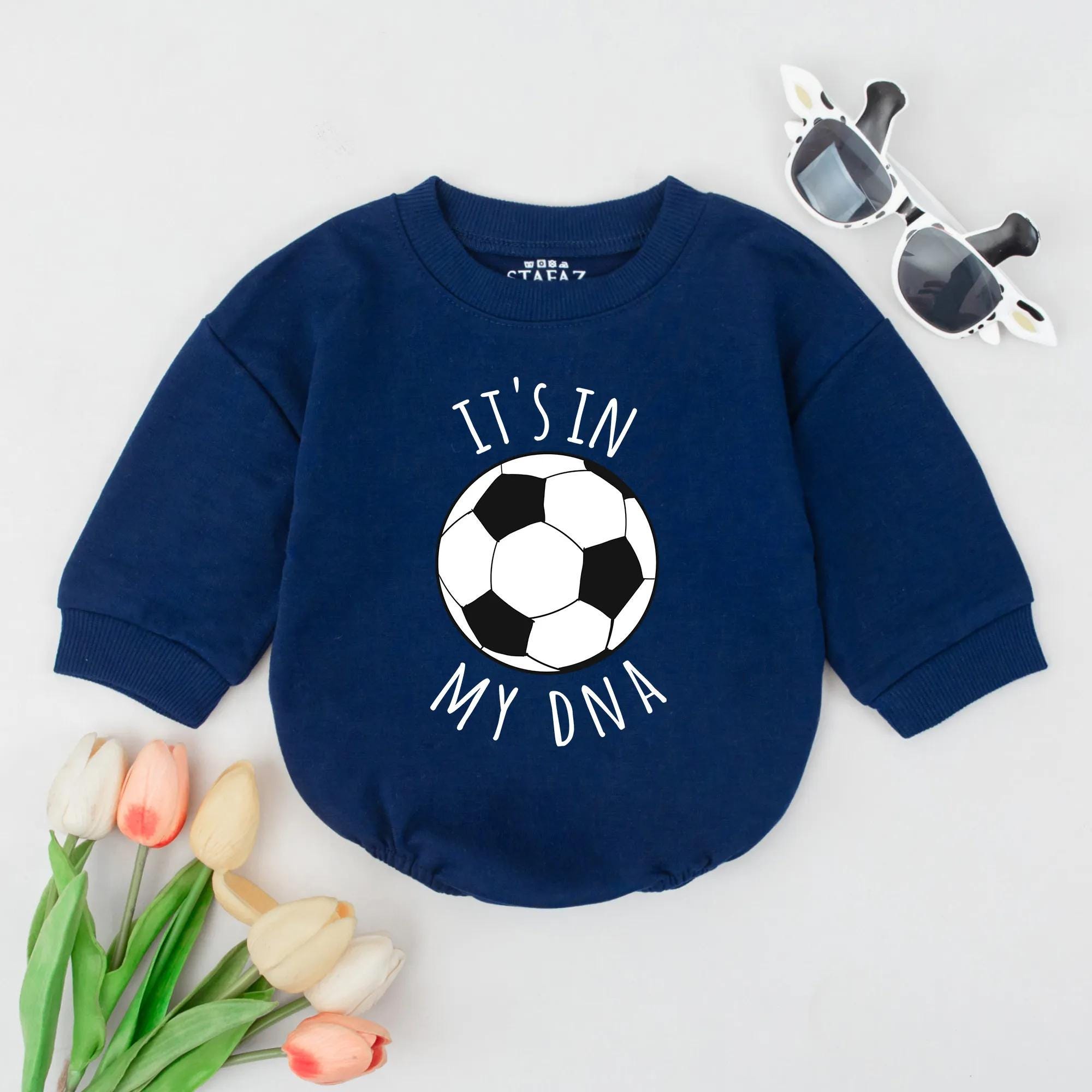 Soccer Baby Romper It's in My DNA Funny Bodysuit Newborn Gift Cute Sports Outfit Infant Boy Girl Soft Cotton Black White Design