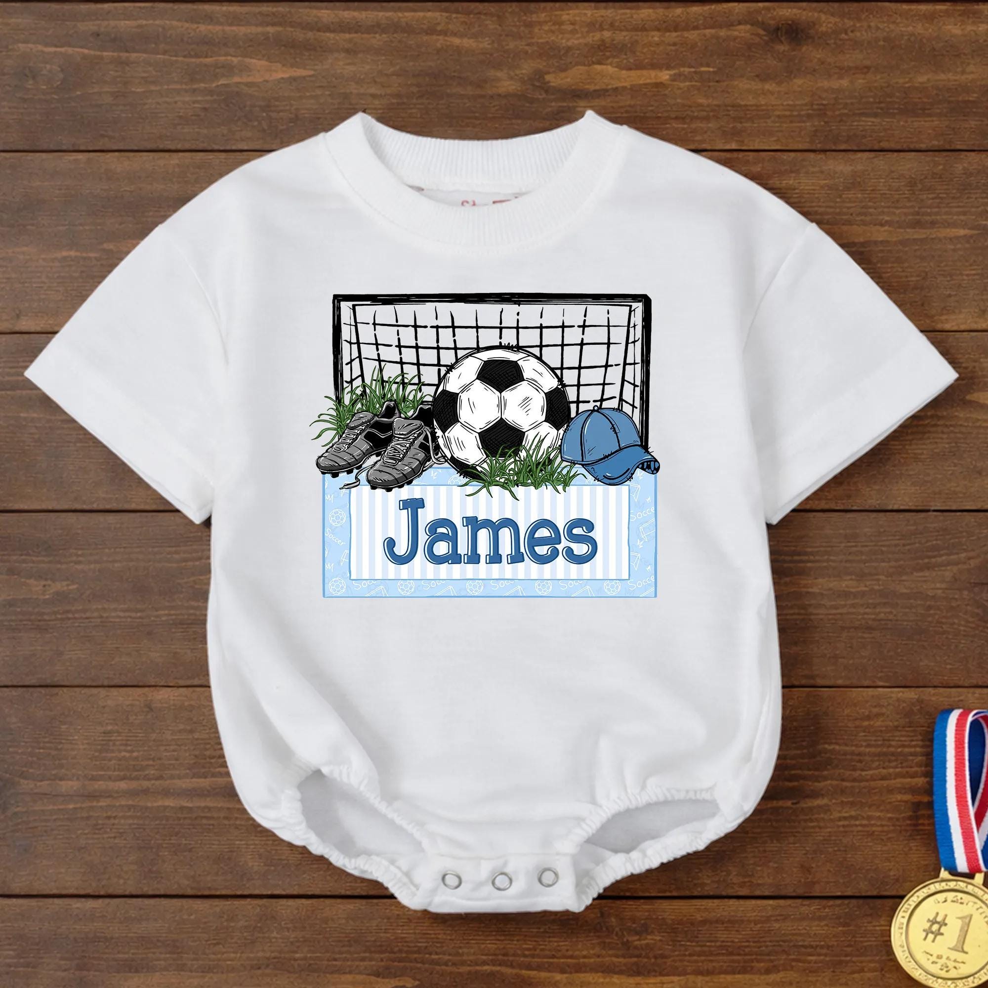 Soccer Goal Baby Romper with Custom Name, Light Blue and Black Sports Theme Outfit for Boys, Personalized Infant Gift