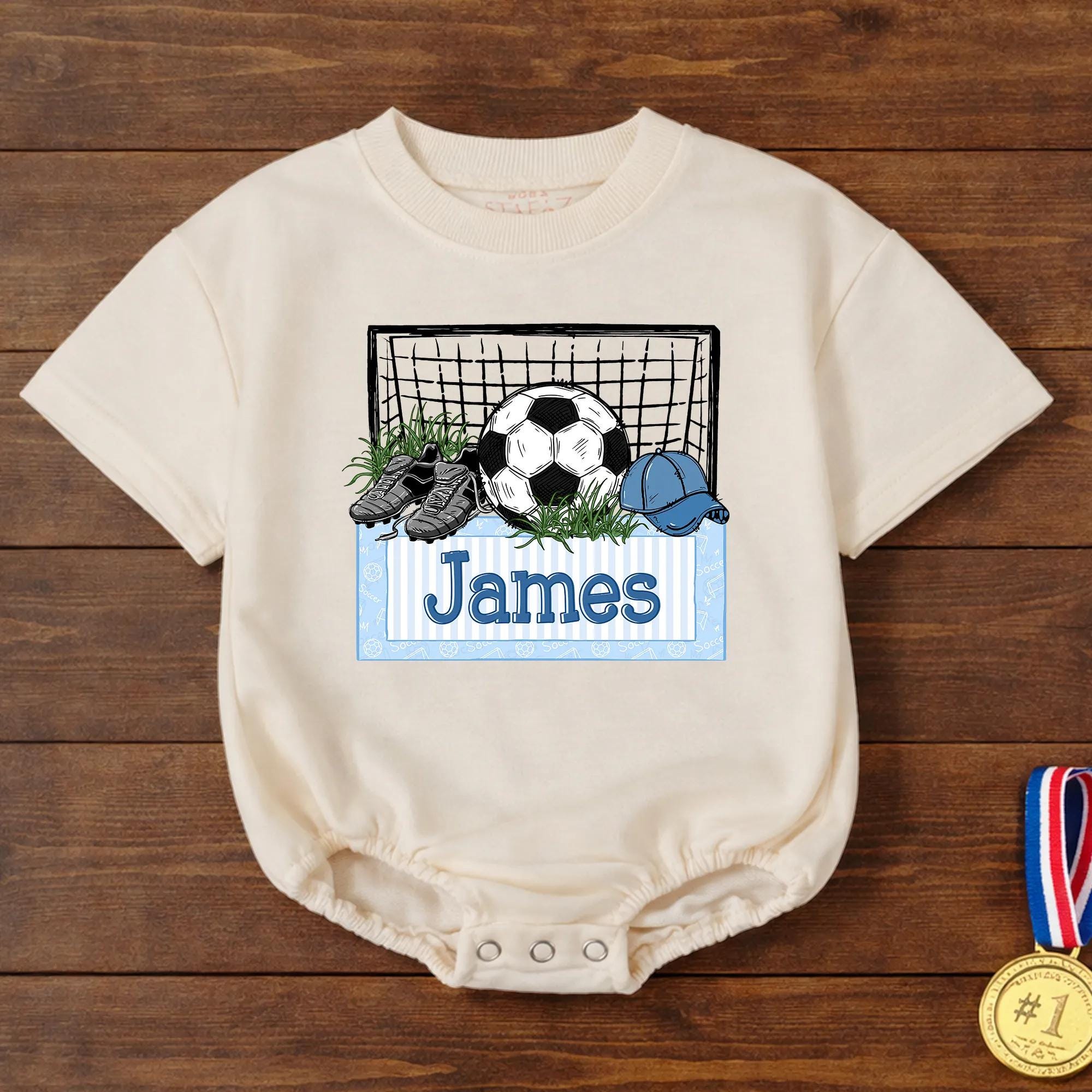 Soccer Goal Baby Romper with Custom Name, Light Blue and Black Sports Theme Outfit for Boys, Personalized Infant Gift