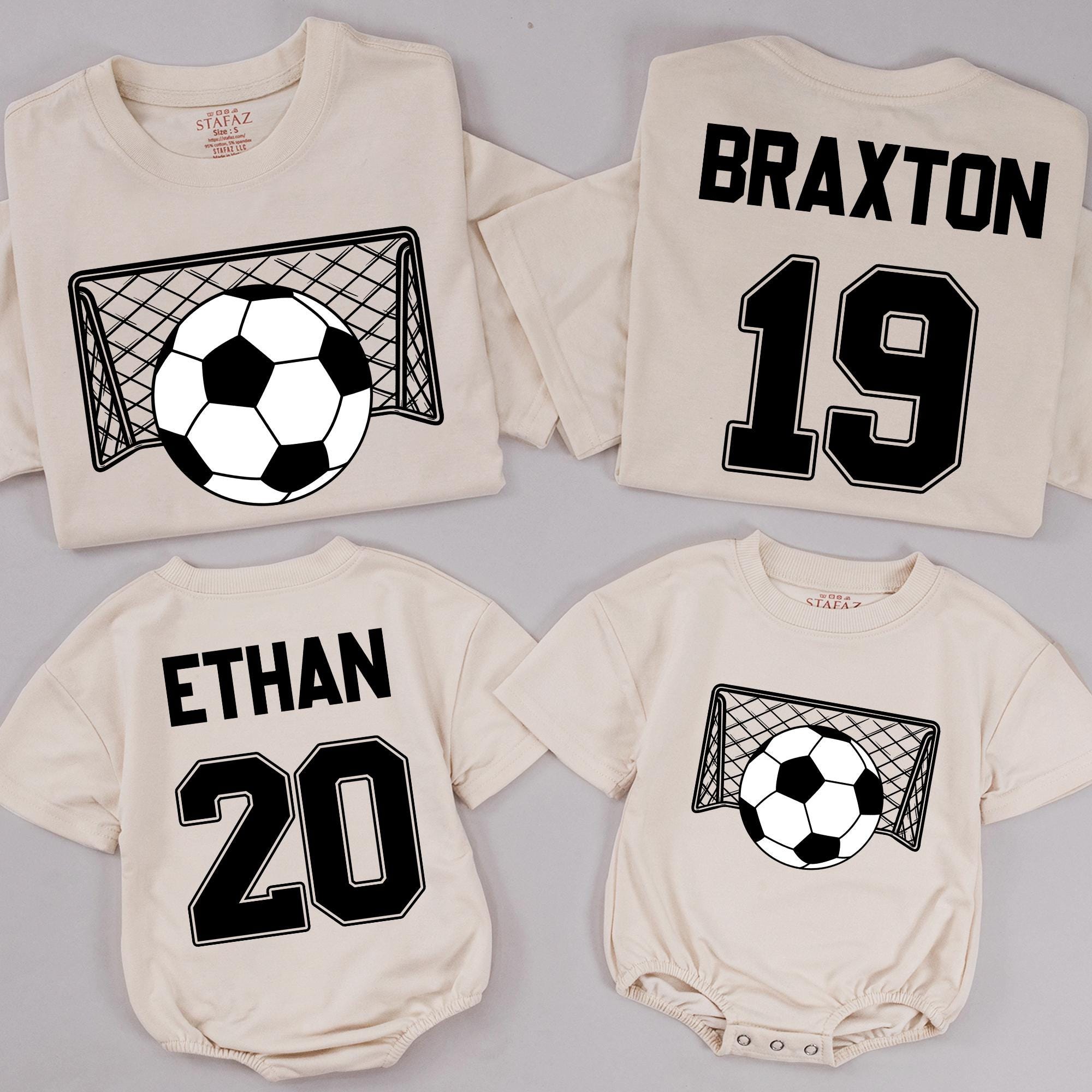 Soccer Goal Family Matching Outfits with Custom Name & Number, Natural Cotton Team Shirts and Baby Romper for Game Day or Birthday