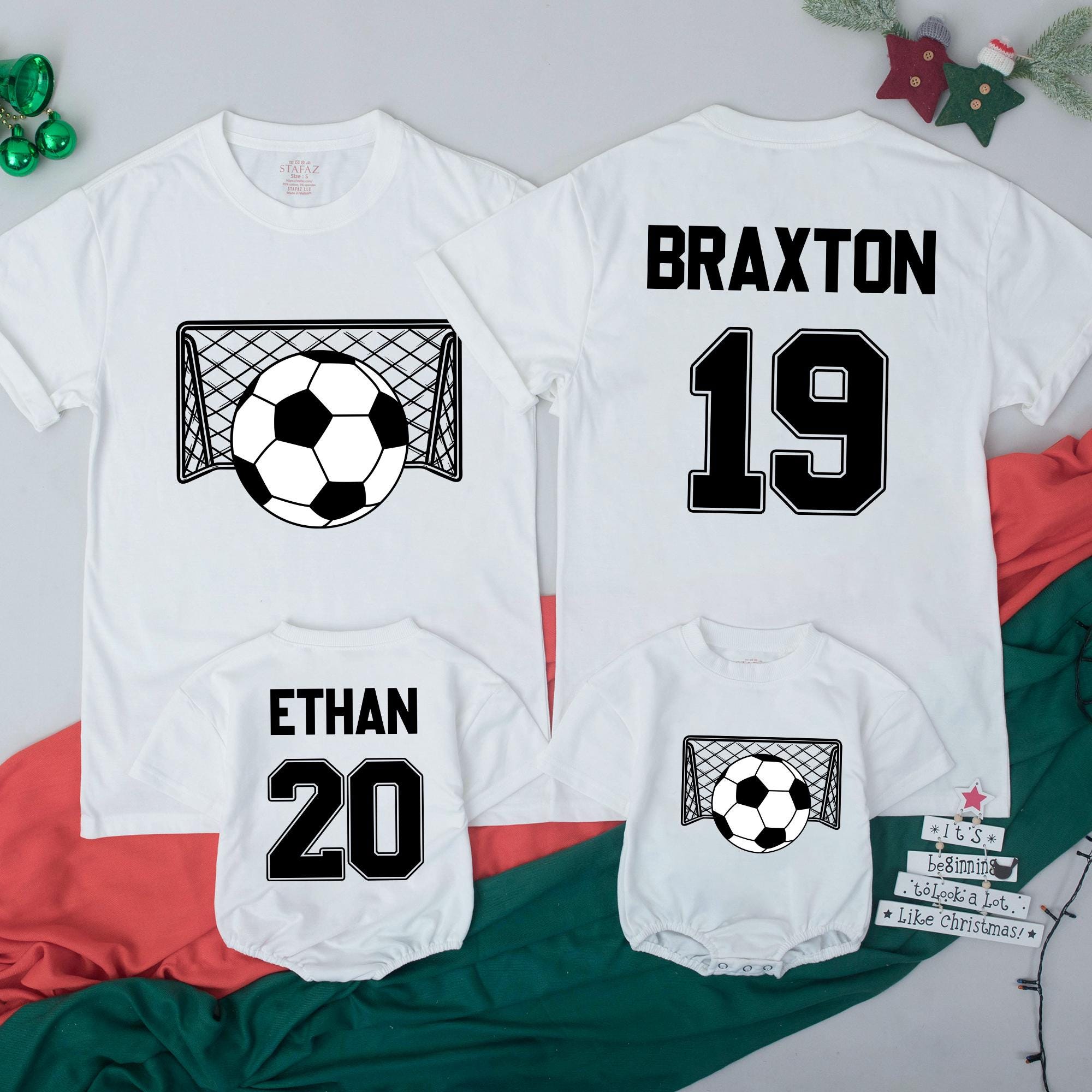 Soccer Goal Family Matching Outfits with Custom Name & Number, Natural Cotton Team Shirts and Baby Romper for Game Day or Birthday