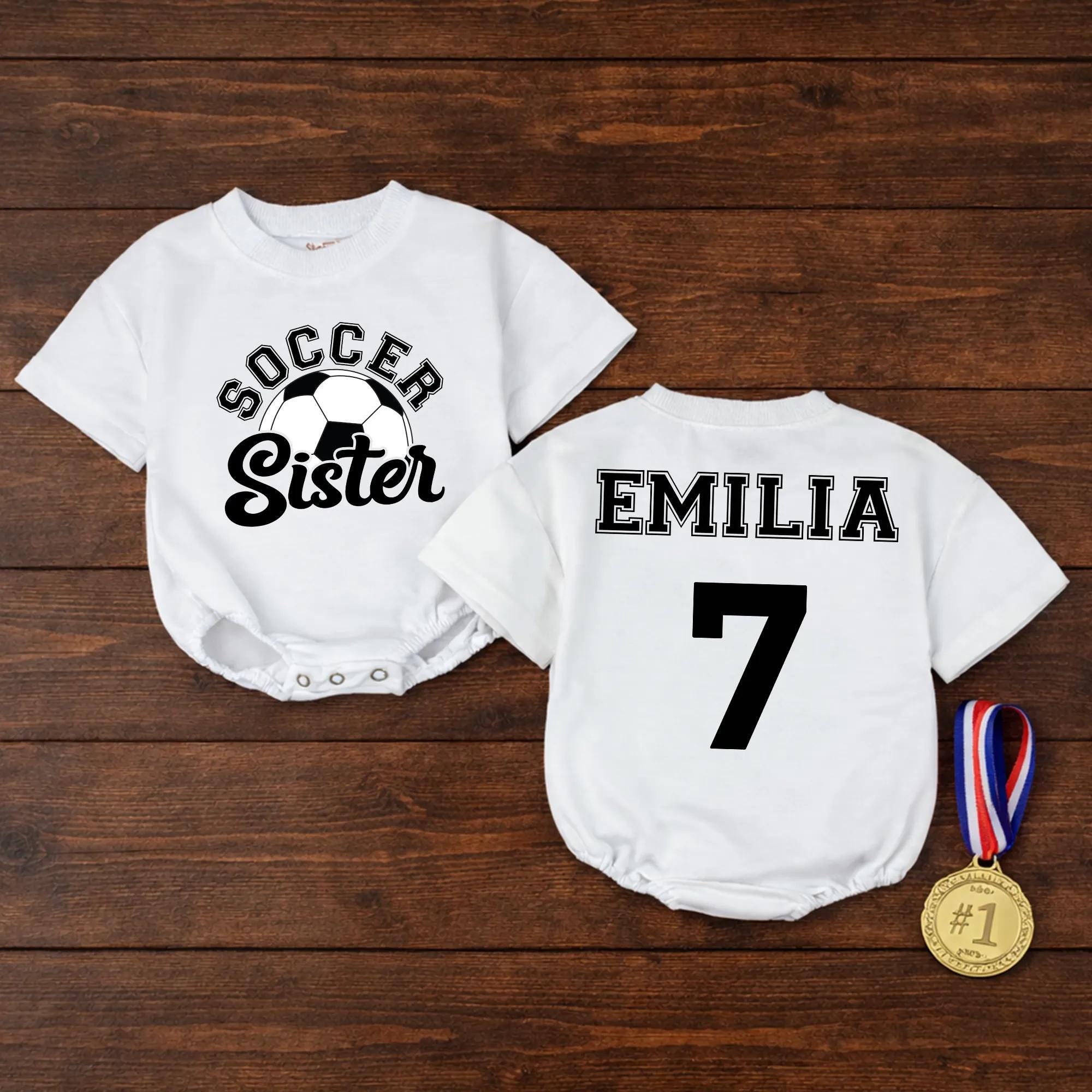 Soccer Sister Baby Romper with Custom Name & Number, Game Day Infant Outfit, Personalized Little Sister Gift for Sports Fans