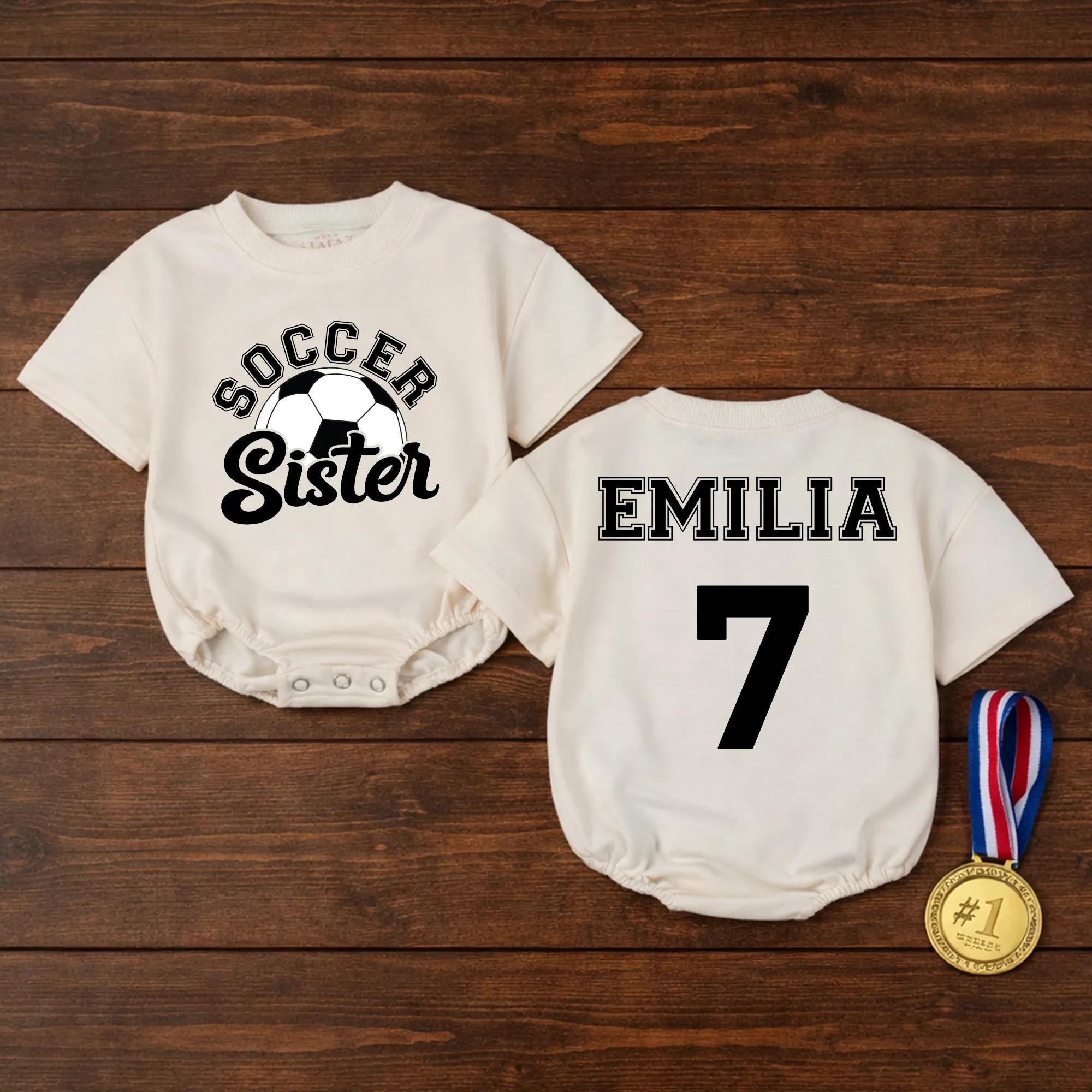 Soccer Sister Baby Romper with Custom Name & Number, Game Day Infant Outfit, Personalized Little Sister Gift for Sports Fans