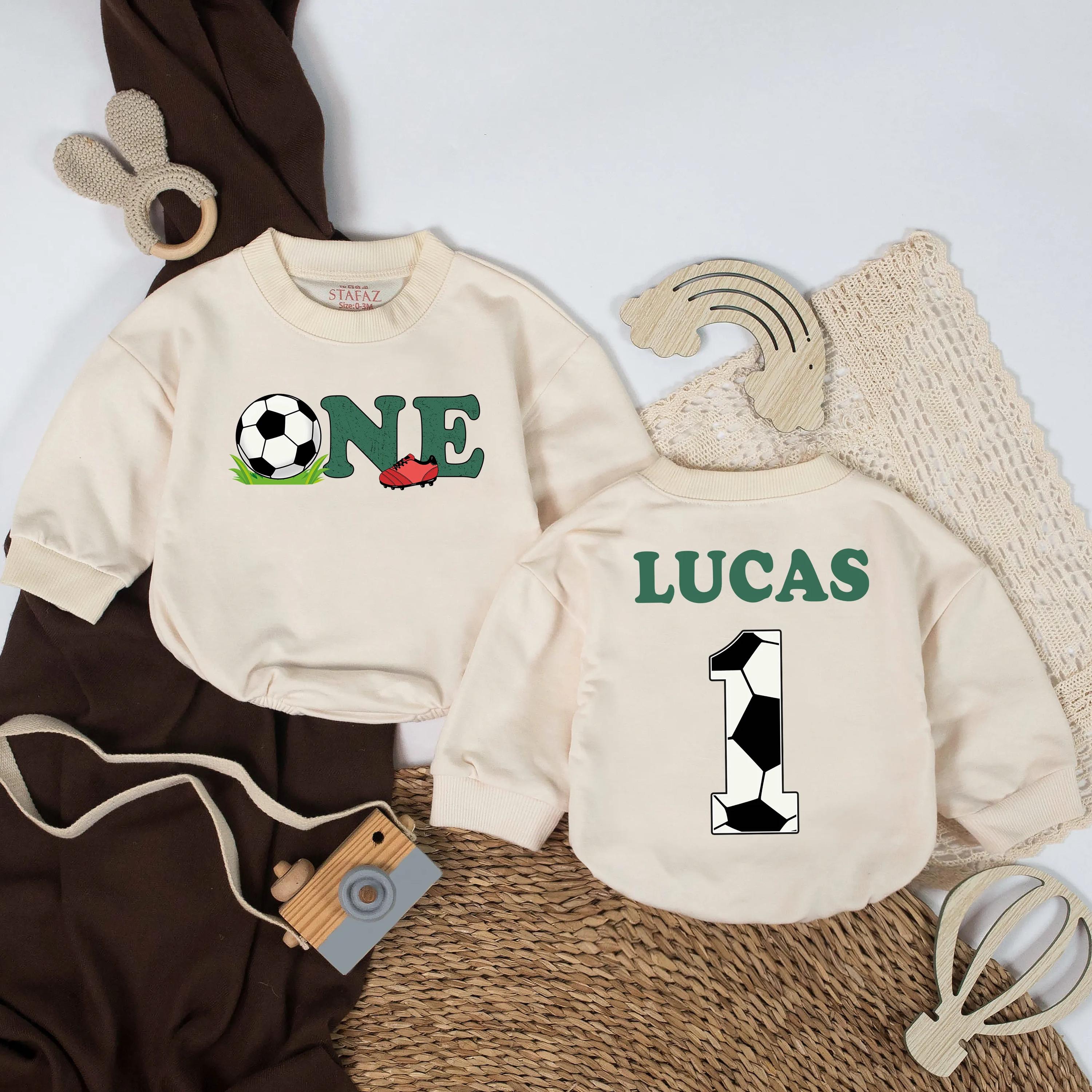 Soccer Theme 1st Birthday Baby Romper with Custom Name, ONE Graphic Design, First Birthday Outfit for Boy, Milestone Gift Idea