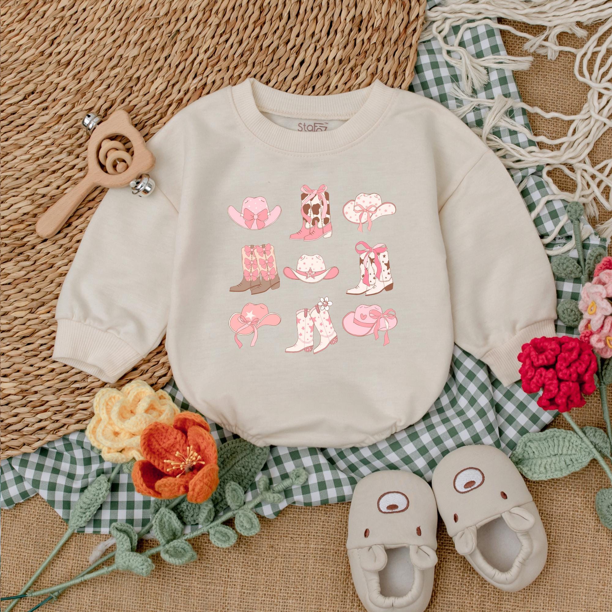 Soft Cotton Cowgirl Boots Romper for Baby Girls Western Rodeo Outfit Pastel Colors Cute Newborn Bubble Romper Perfect Gift