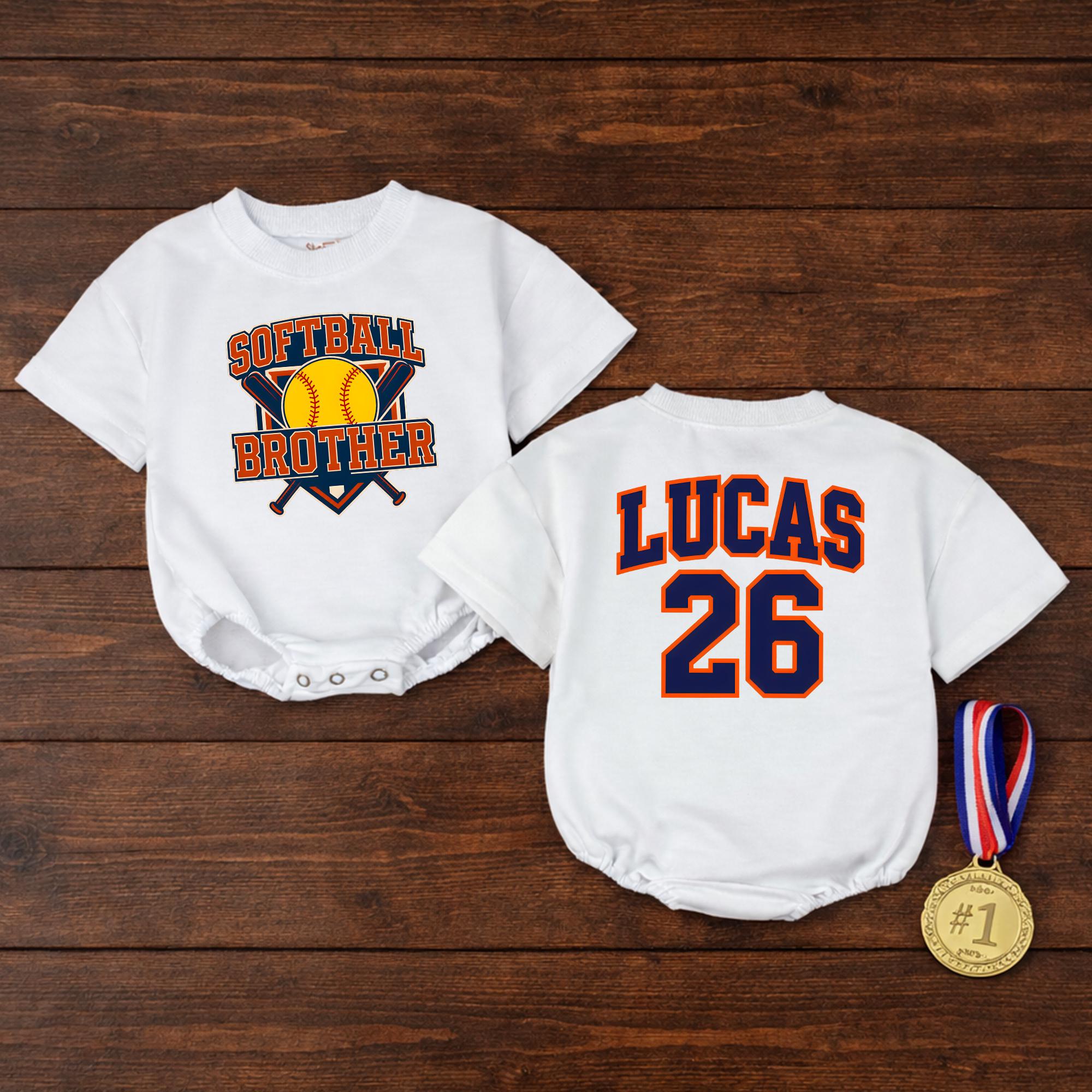 Softball Brother Baby Romper with Custom Name & Number, Toddler Game Day Outfit for Sports Fans, Matching Family Shirts
