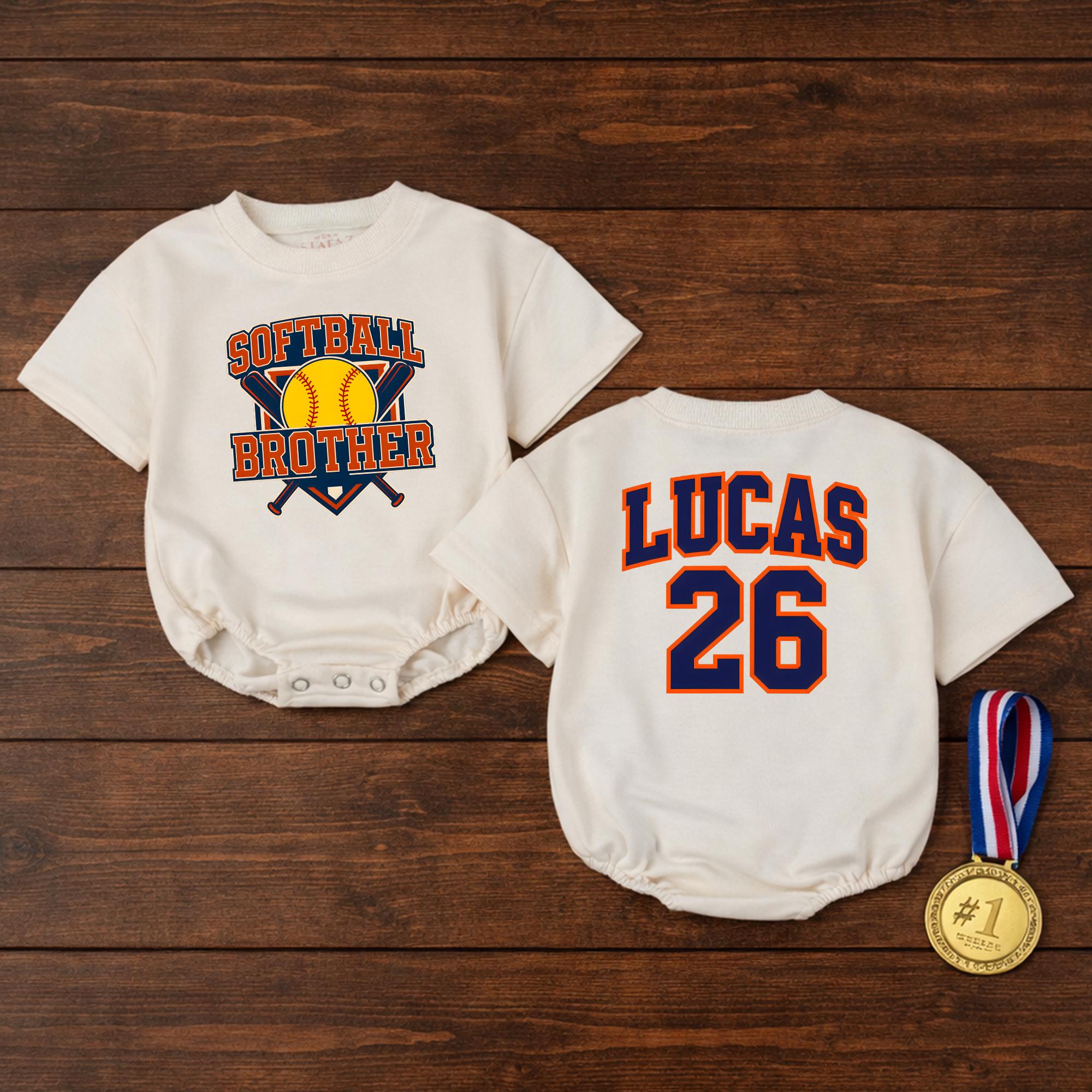 Softball Brother Baby Romper with Custom Name & Number, Toddler Game Day Outfit for Sports Fans, Matching Family Shirts