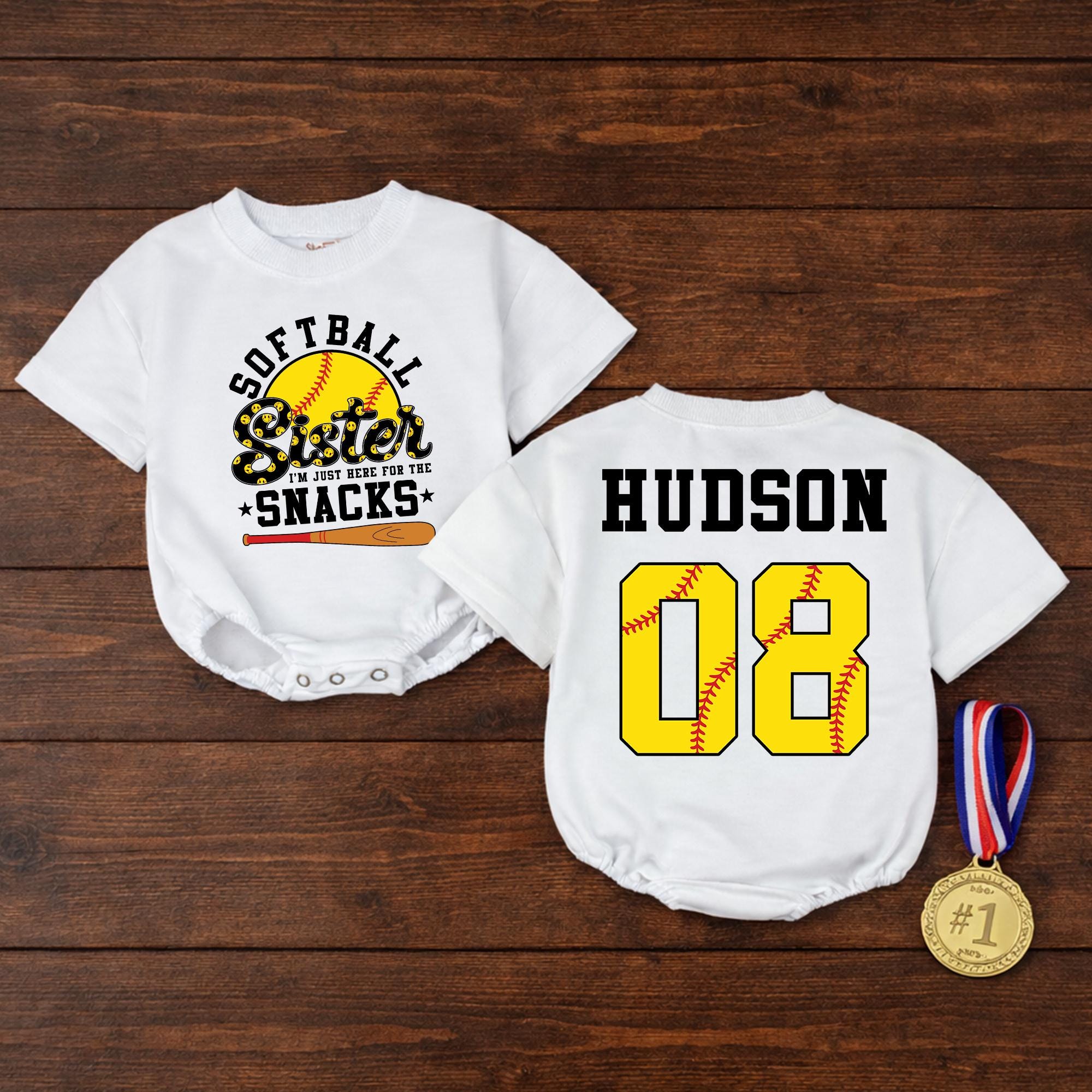 Softball Sister Baby Bubble Romper with Custom Name & Number, Game Day Outfit for Little Fans, Cute Baseball Snacks Design
