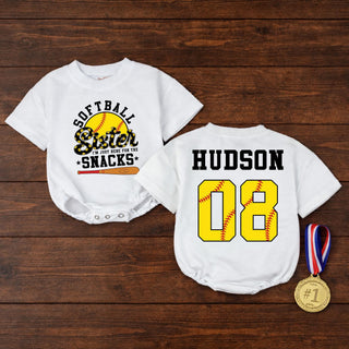 Softball Sister Baby Bubble Romper with Custom Name & Number, Game Day Outfit for Little Fans, Cute Baseball Snacks Design