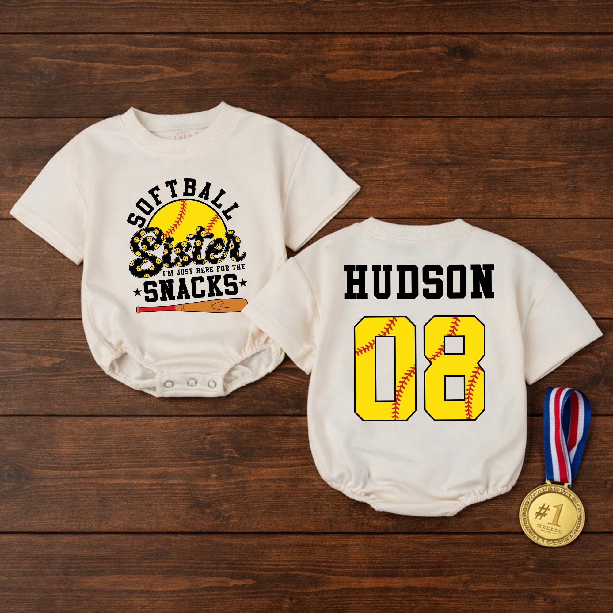 Softball Sister Baby Bubble Romper with Custom Name & Number, Game Day Outfit for Little Fans, Cute Baseball Snacks Design
