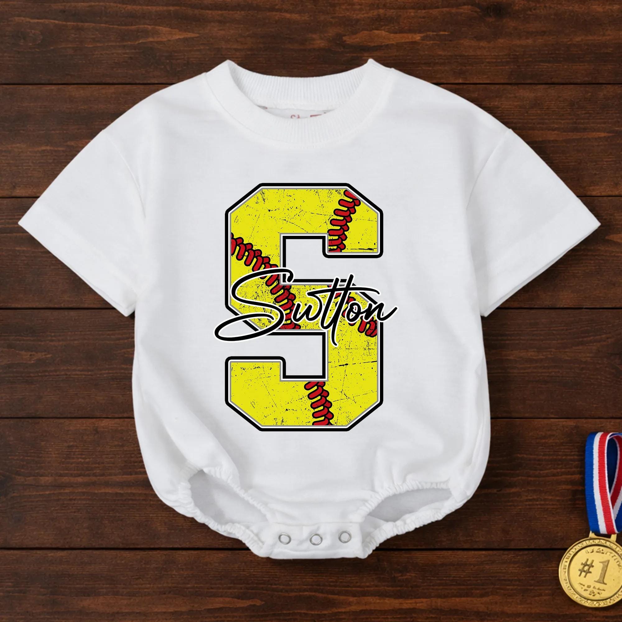 Softball Stitch Baby Romper with Custom Name Initial, Yellow Sports Graphic Newborn Outfit, Game Day Infant Gift