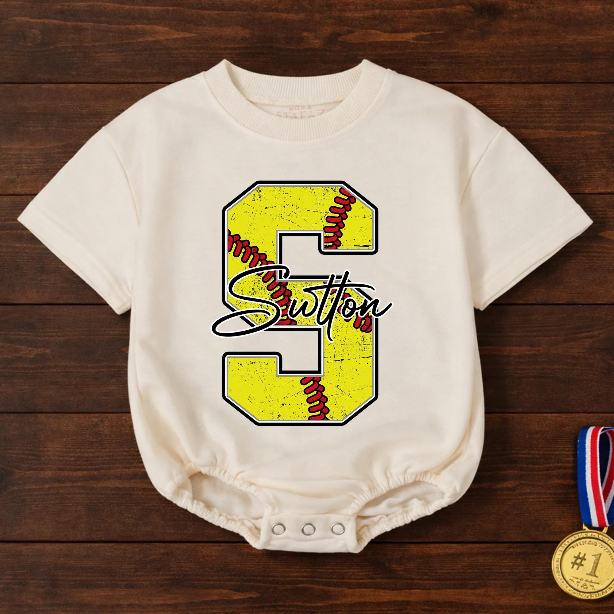 Softball Stitch Baby Romper with Custom Name Initial, Yellow Sports Graphic Newborn Outfit, Game Day Infant Gift