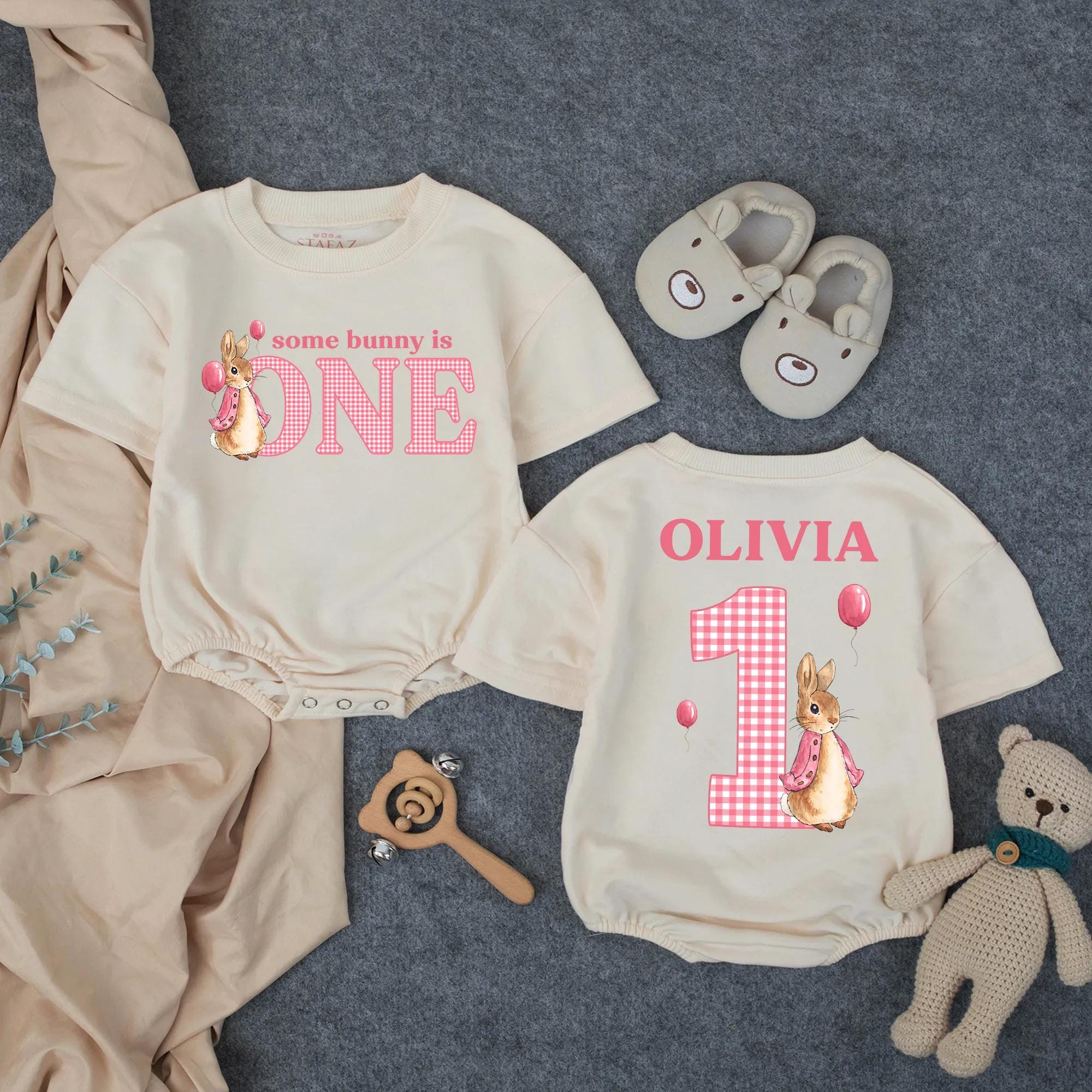 Some Bunny Is One Baby Girl Romper with Pink Checkered Bunny Artwork, Custom Name Birthday Outfit for Cake Smash Photos