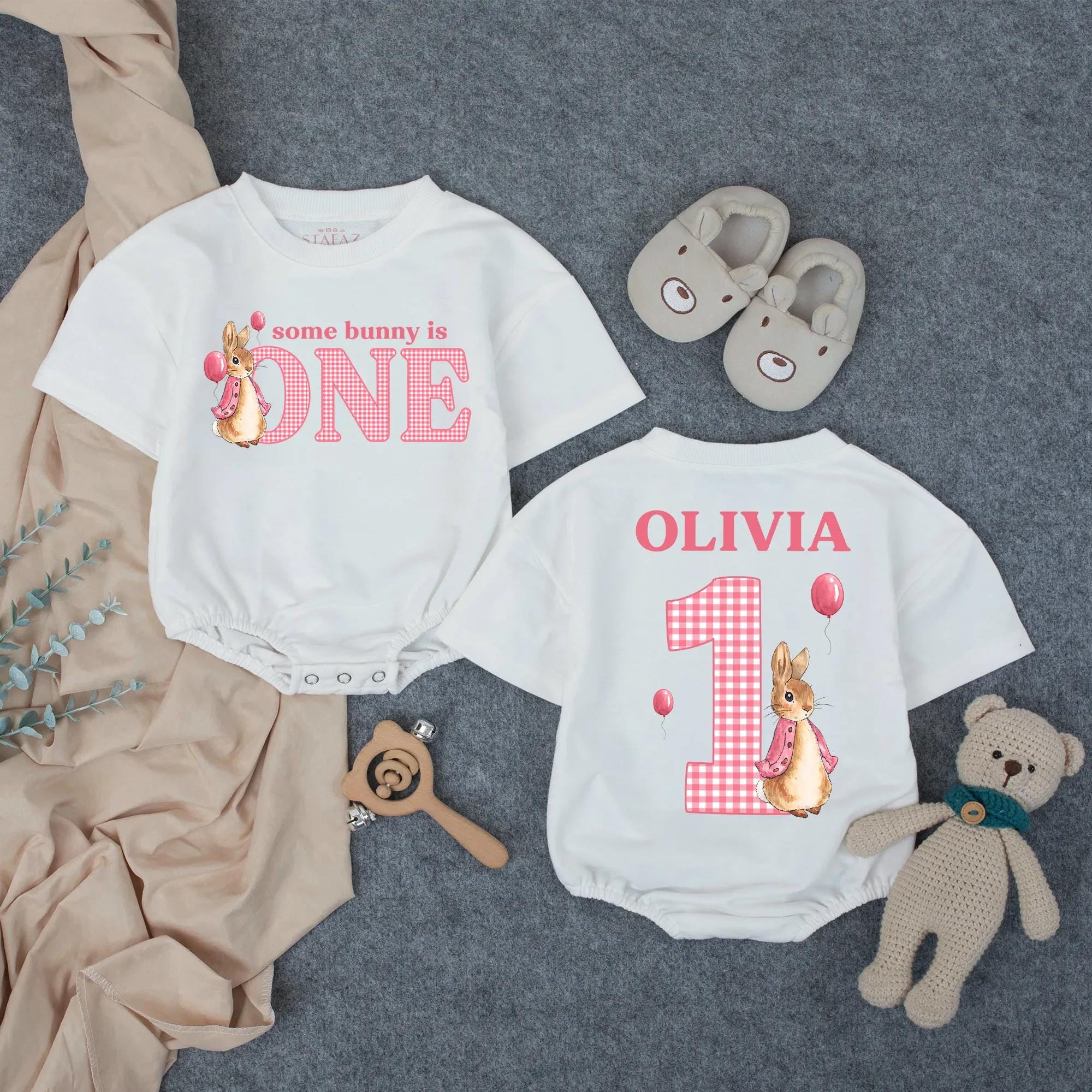 Some Bunny Is One Baby Girl Romper with Pink Checkered Bunny Artwork, Custom Name Birthday Outfit for Cake Smash Photos